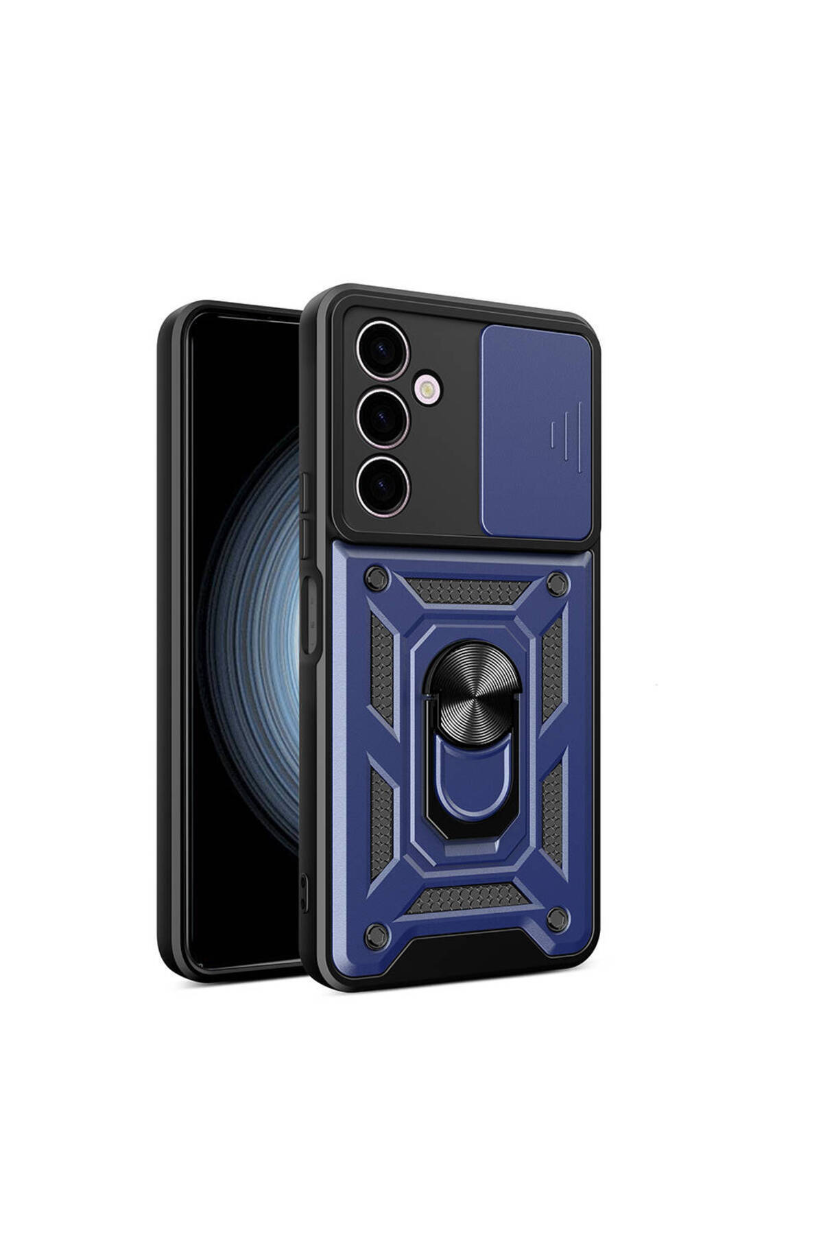 Samsung Galaxy A24 Kapak Lens Sürgülü Kamera Korumalı Yüzüklü Stantlı Tank Kılıf - Lacivert