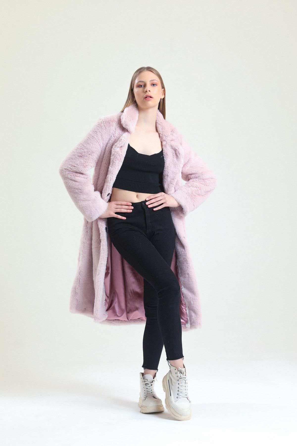 KürkZone  Kadın Gül Kurusu Ingiliz Yaka Mavi Rex Panda Kürk Peluş Manto - Görsel 4