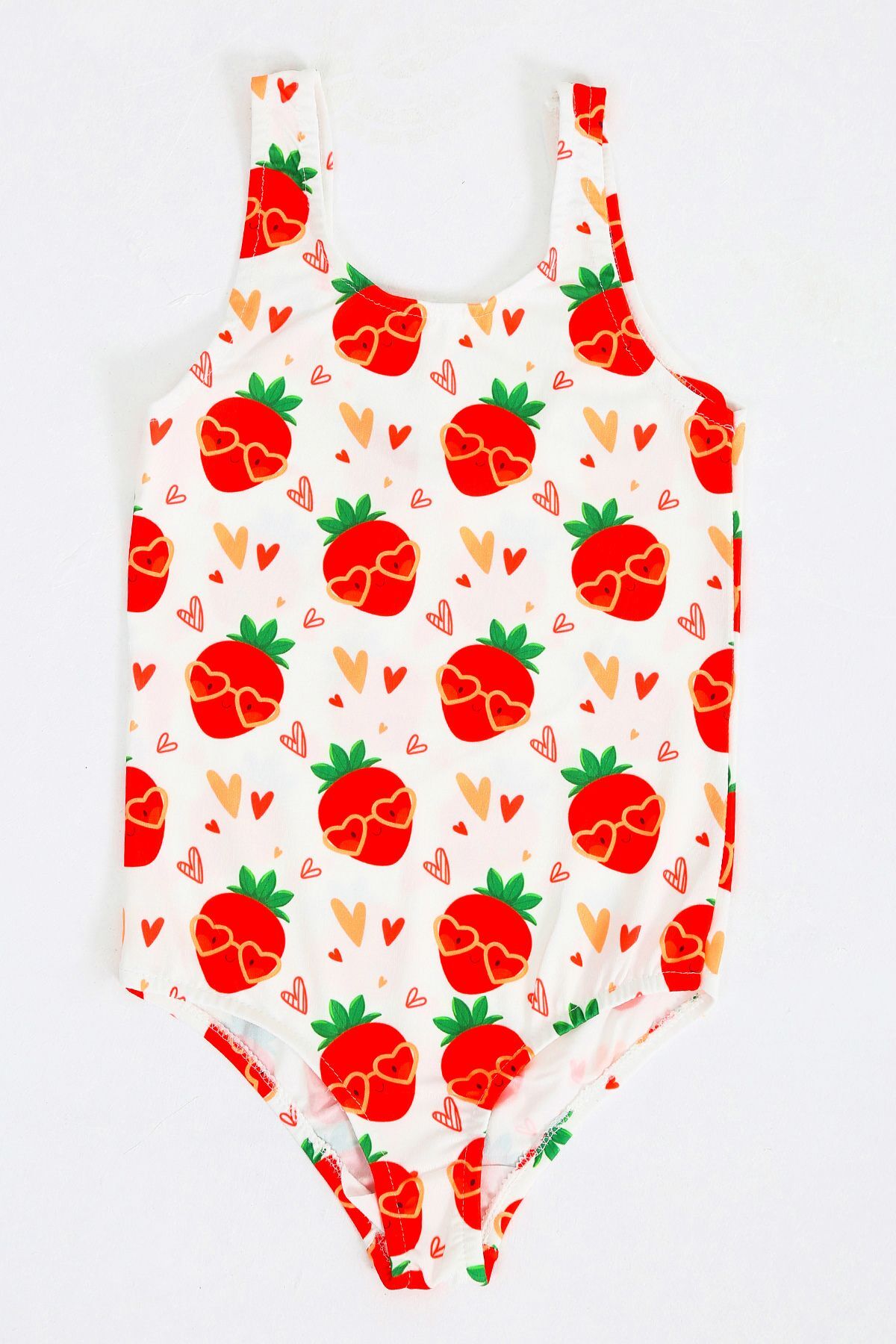 Papiş Kız Çocuk Mayo Kırmızı Kalpli Çilek Meyve Desenli Rahat Hızlı ...