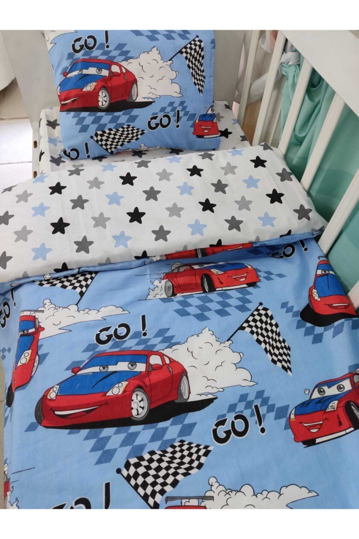 Cotton Baby 60x120 Crib Pillow Bed Sheet Duvet Blue Gray Star with Red Car (Duvet)