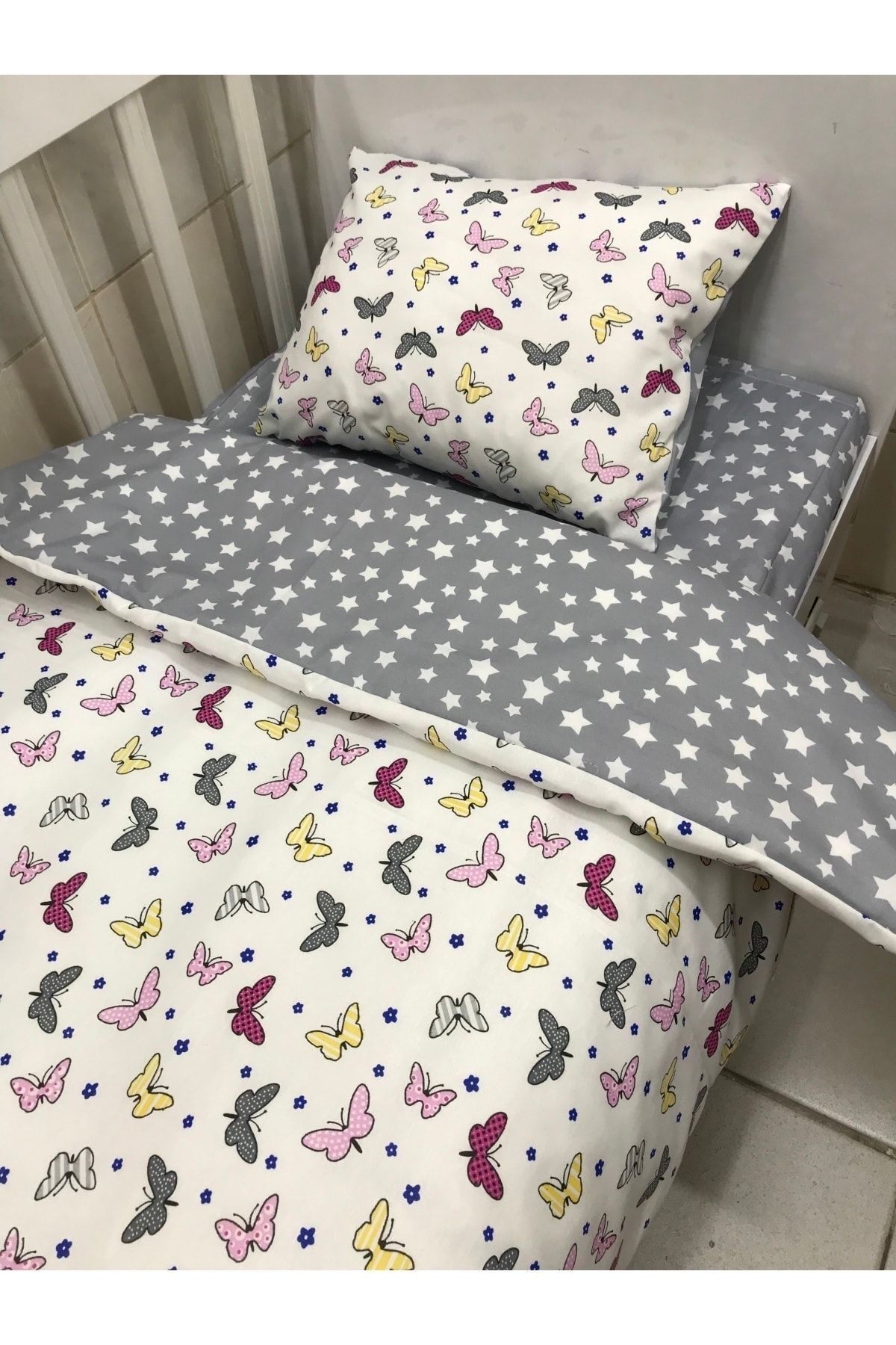 Cotton Children's 80x160 Crib Pillow Bed Sheet Duvet Pink Gray Butterflies (with Duvet)