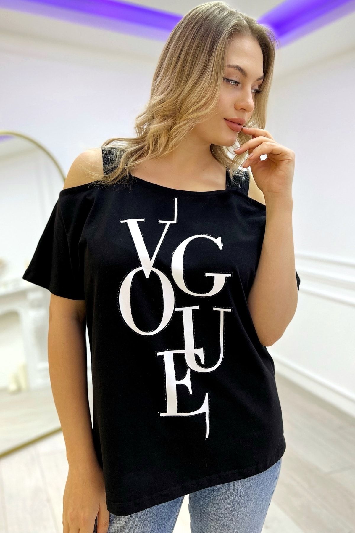 RICH GLAM Свободный крой с открытыми плечами Vogue с принтом Crystal Stone Plus Size Женская футболка 747