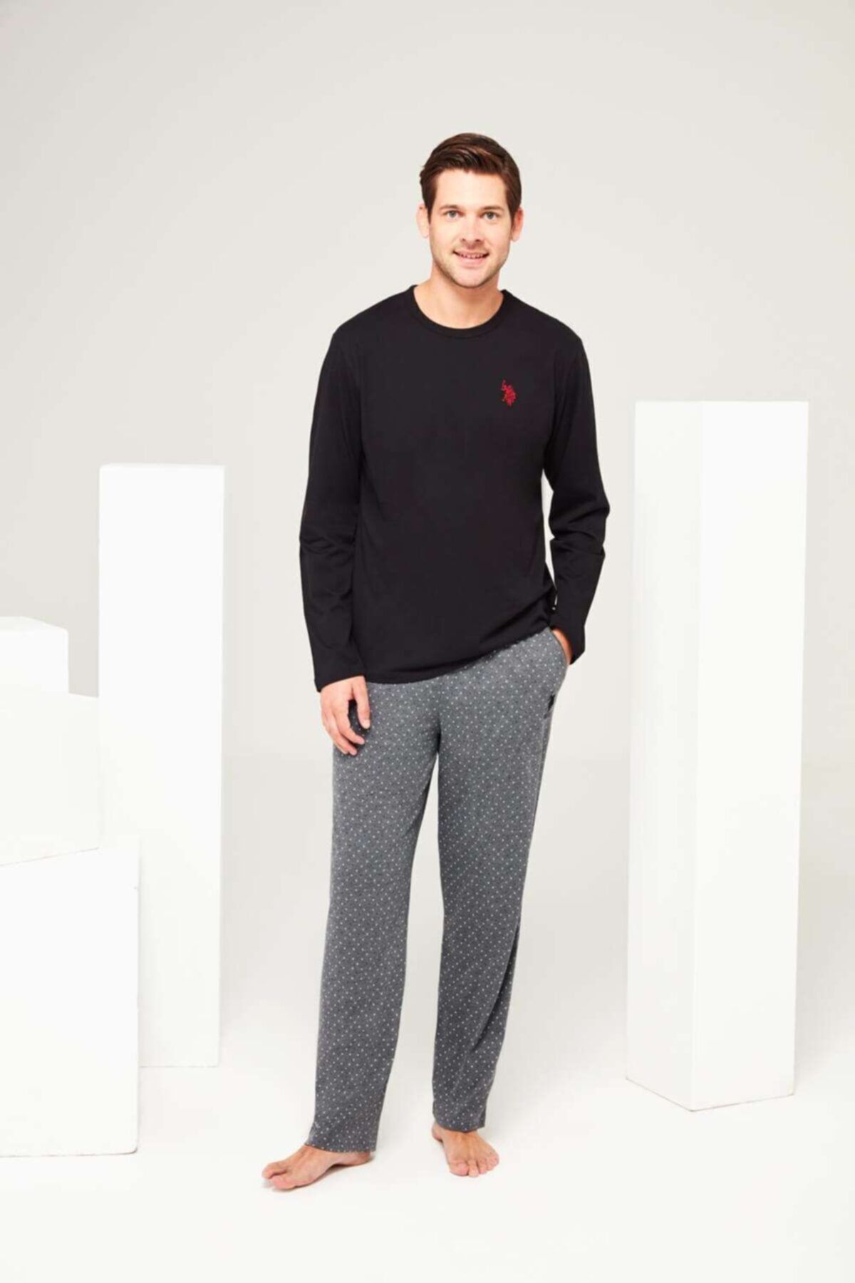 ست پیژامه مشکی مردانه لباس خواب یقه گرد U.S. Polo Assn.