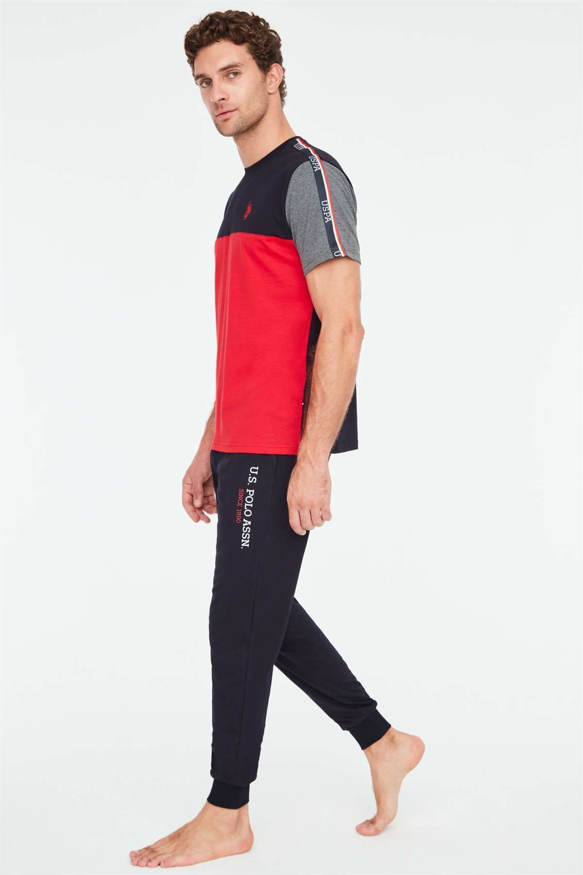 ست پیژامه قرمز مردانه لباس خواب یقه گرد U.S. Polo Assn.
