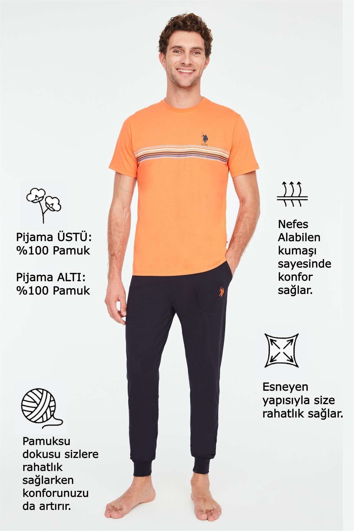 ست پیژامه نارنجی مردانه لباس خواب یقه گرد U.S. Polo Assn.