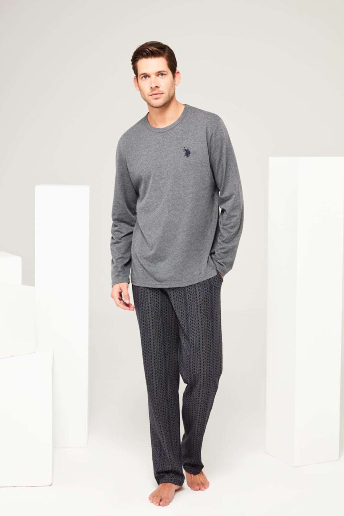 ست پیژامه خاکستری مردانه لباس خواب یقه گرد آنتراسیت ملانژ U.S. Polo Assn.