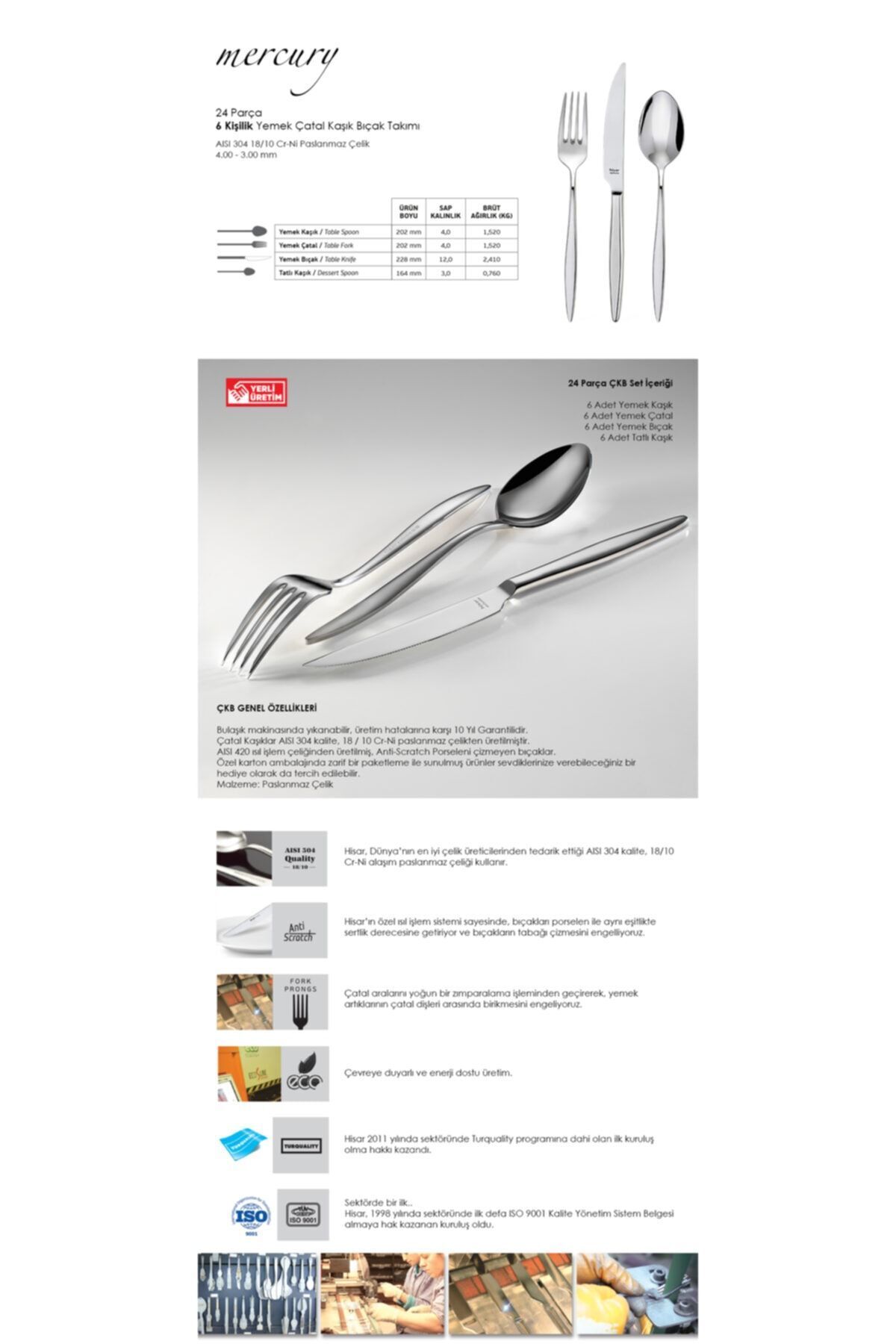 Hisar-Mercury 24 Piece Steel Spoon Knife Set - 6 Person 4