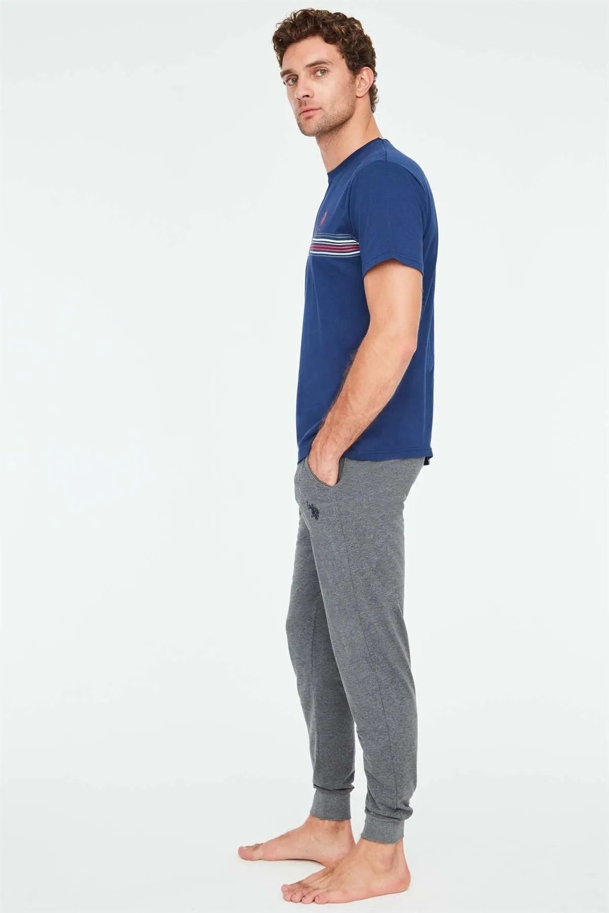 ست پیژامه آبی مردانه لباس خواب یقه گرد سرمه ای 18688 U.S. Polo Assn.