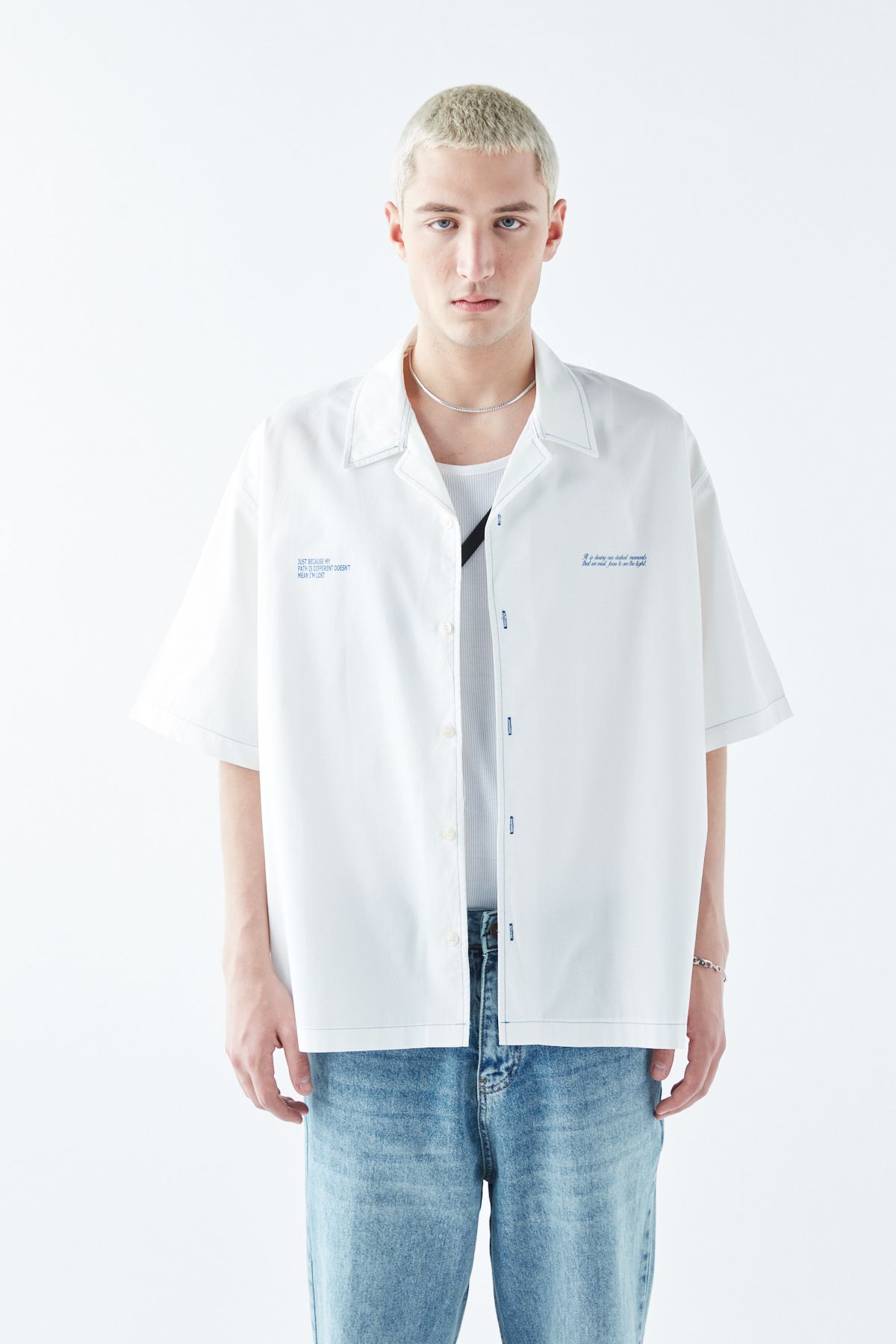 پیراهن / بلوز دکمه دار مردانه دوخت بازوی کوتاه Oversize ECRU VAMOSCLO