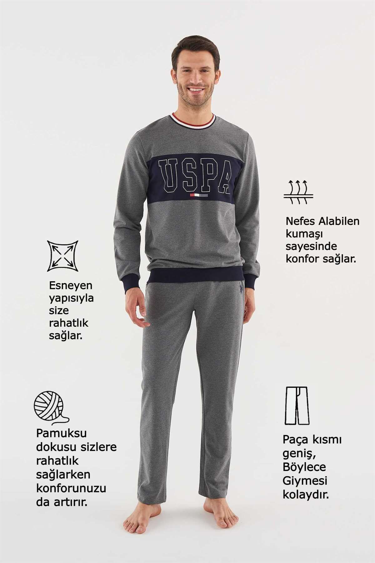 ست پیژامه خاکستری مردانه لباس خواب آنتراسیت ملانژ U.S. Polo Assn.