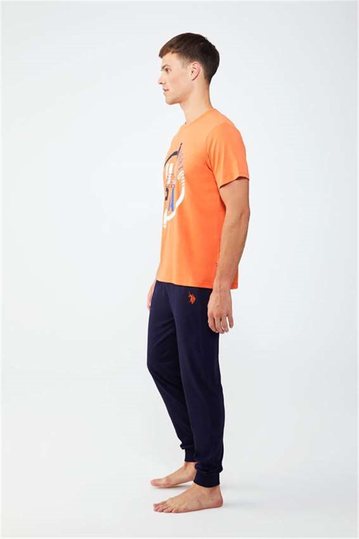 ست پیژامه نارنجی مردانه لباس خواب یقه گرد U.S. Polo Assn.