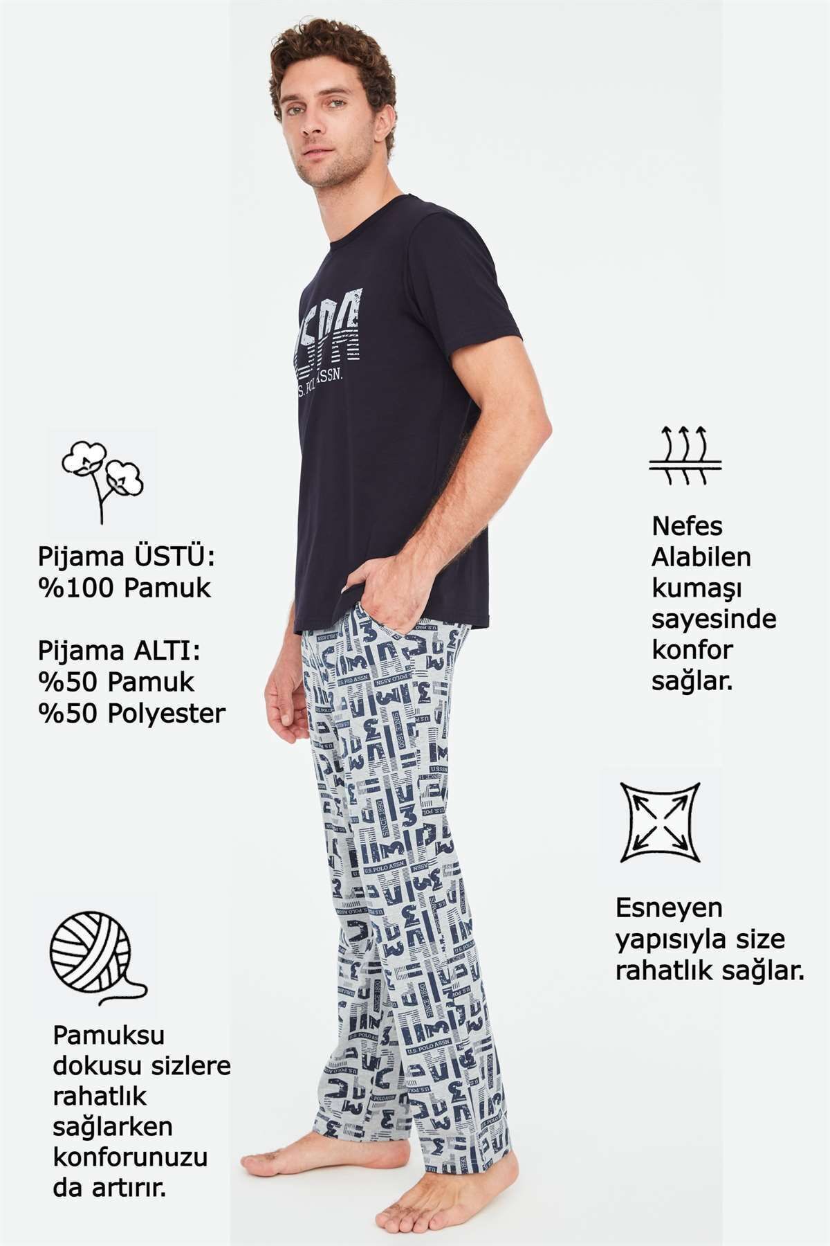 ست پیژامه آبی مردانه لباس خواب یقه گرد سرمه ای U.S. Polo Assn.