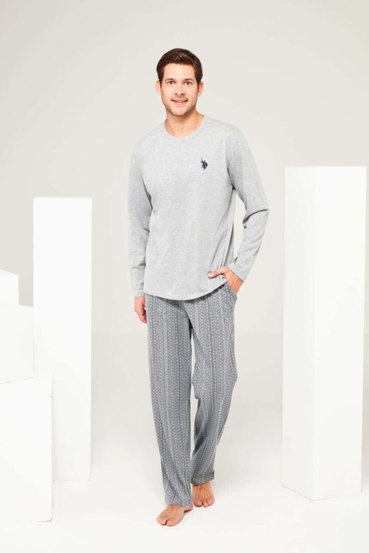 ست پیژامه خاکستری مردانه لباس خواب یقه گرد ملانژ U.S. Polo Assn.