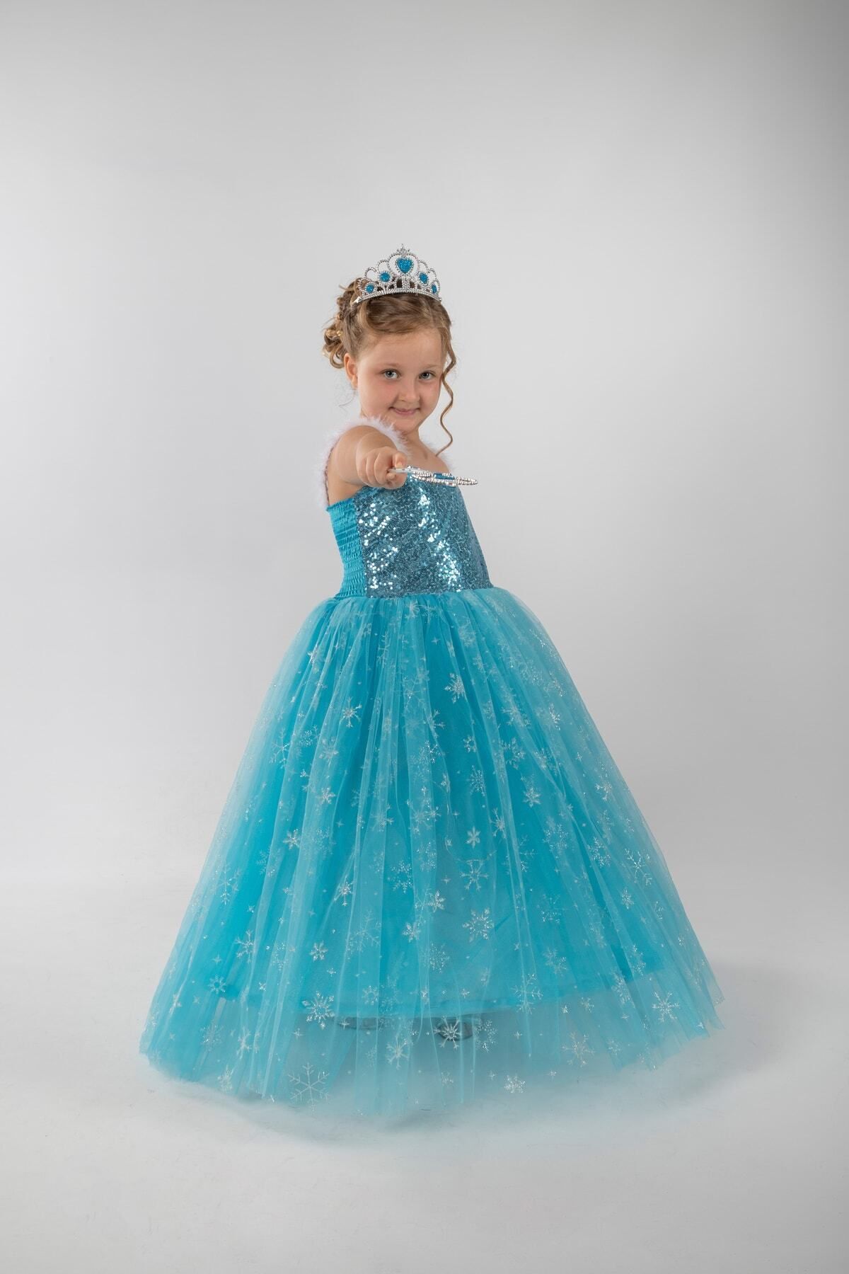 Parti Selesi Elsa Kostüm - Frozen Elbise - Askılı Tarlatanlı Eldiven Taç Asa Mavi Gelinlik Karlar Kıraliçesi