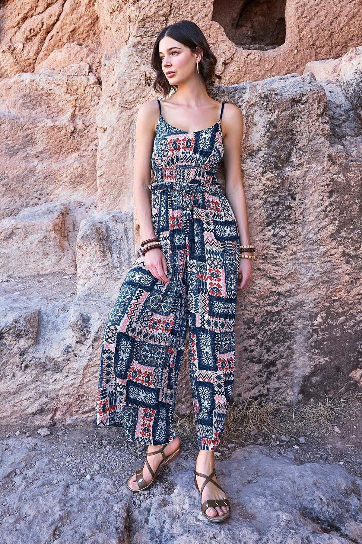 MONAMİSE Monamise 23065 Kadın Etnik Desen İp Askılı Tulum-Lacivert ...