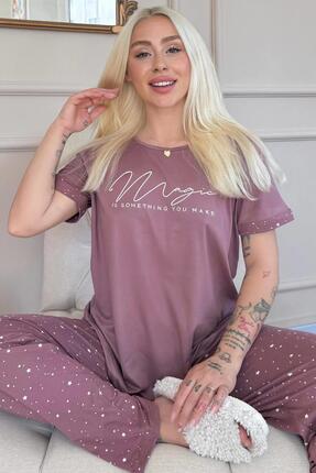 Pijamaevi Koyu Pembe Magic Desenli Bambu Kısa Kol Kadın Pijama Takımı