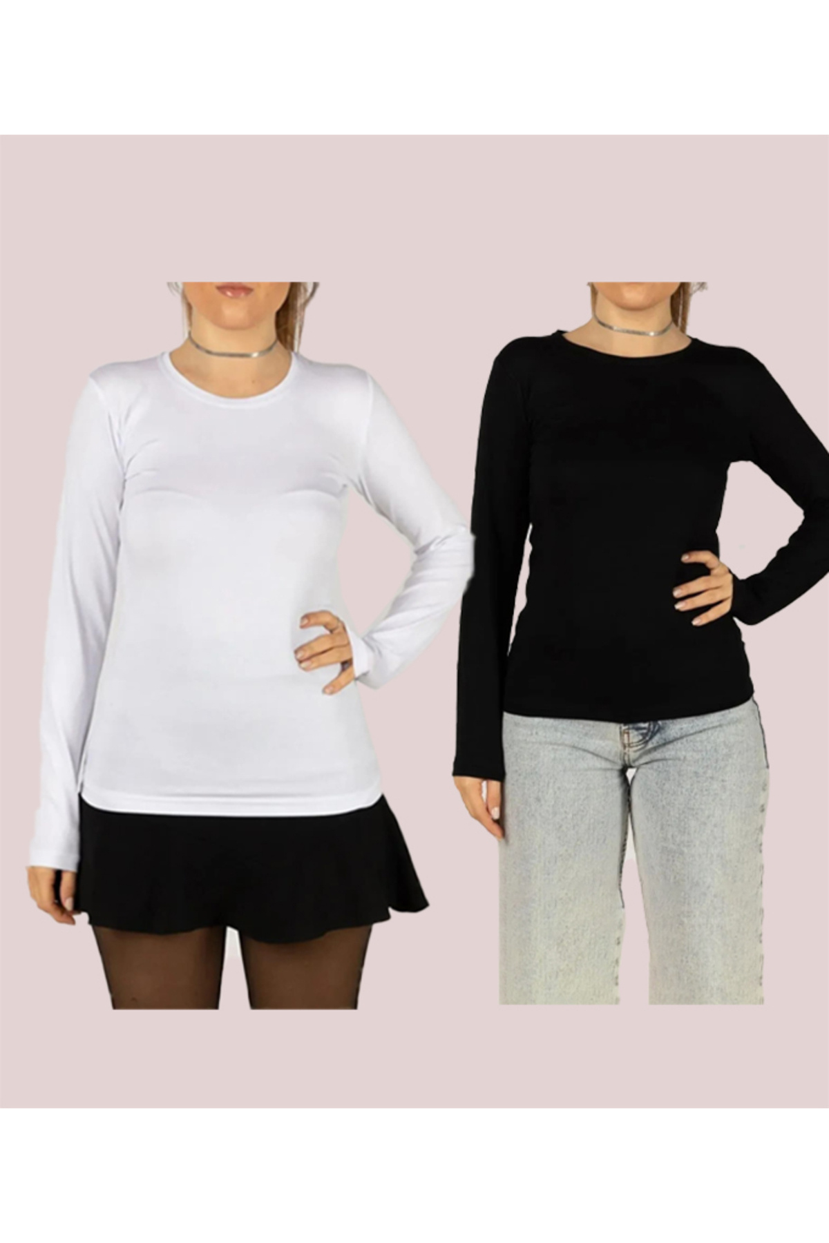 Women's Long Sleeve Lycra Flexible Round Crew Neck 2pcs Bodysuit (2pcs)