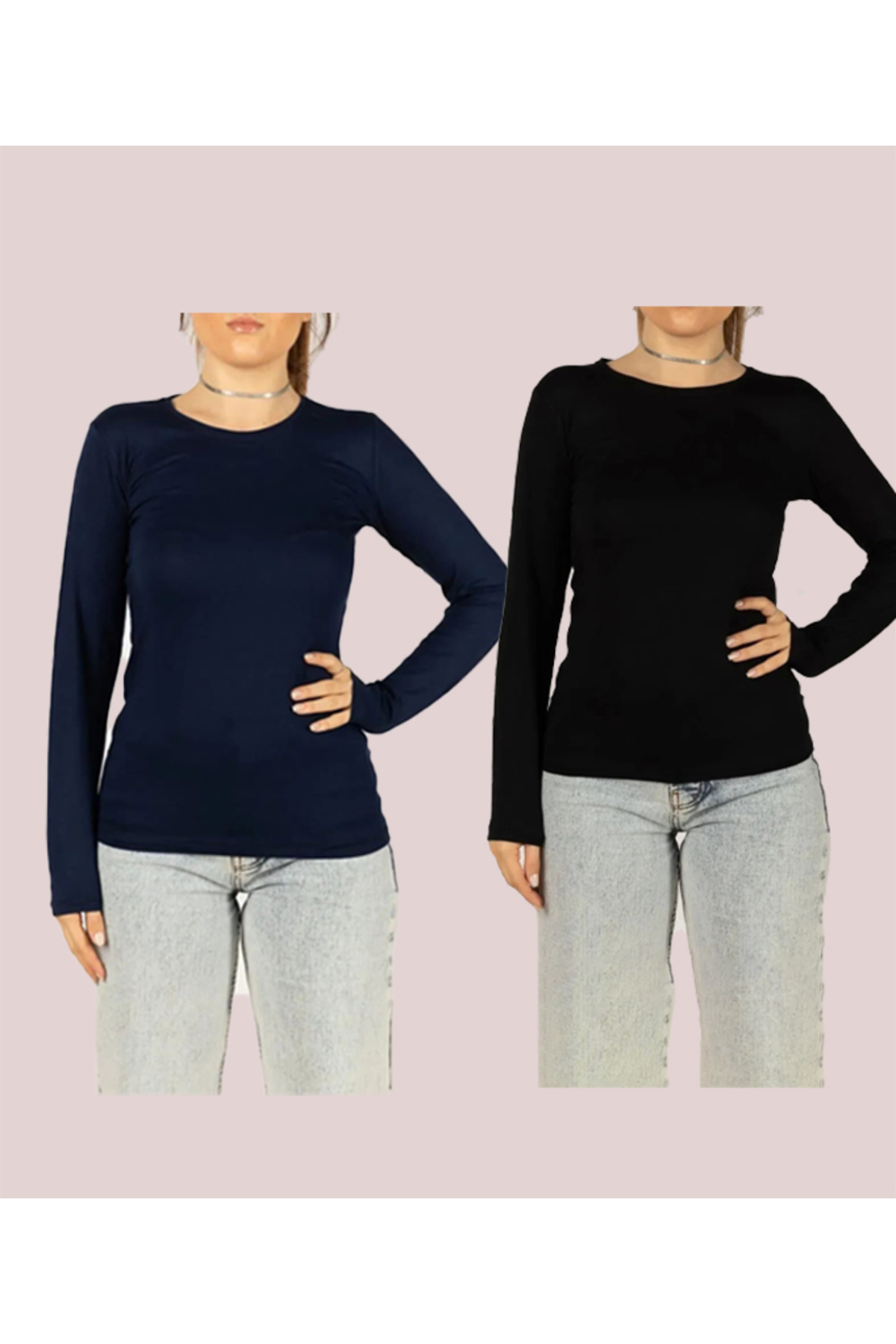 Women's Long Sleeve Lycra Flexible Round Crew Neck 2pcs Bodysuit (2pcs)