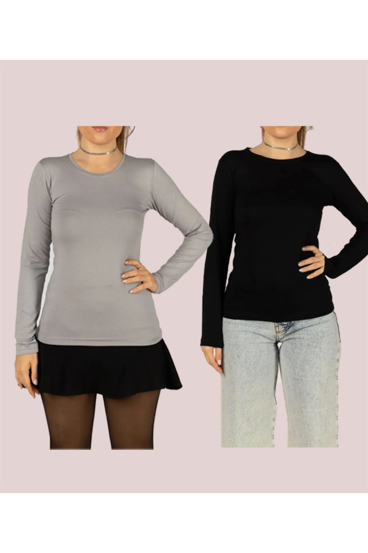 Women's Long Sleeve Lycra Flexible Round Crew Neck 2pcs Bodysuit (2pcs)