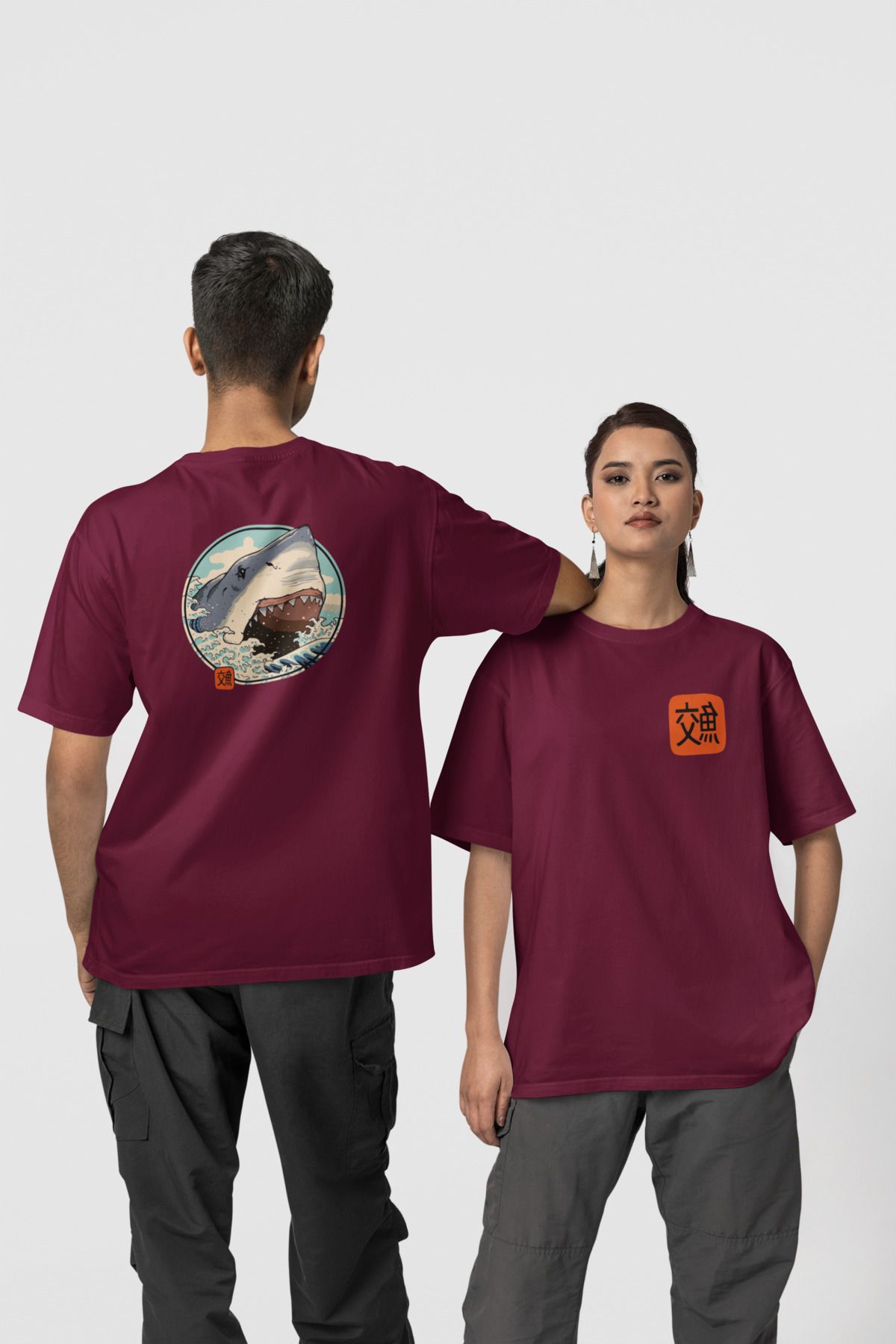 Harmandar Tricou Alb Unisex Oversize - 100% Bumbac, Imprimat Shark Unisex - M