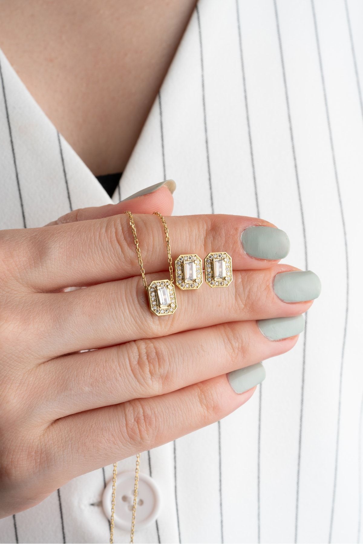 Silvano Jewelry 925 Ayar Gümüş Gold Baget Zirkon Taşlı Kolye Küpe Seti