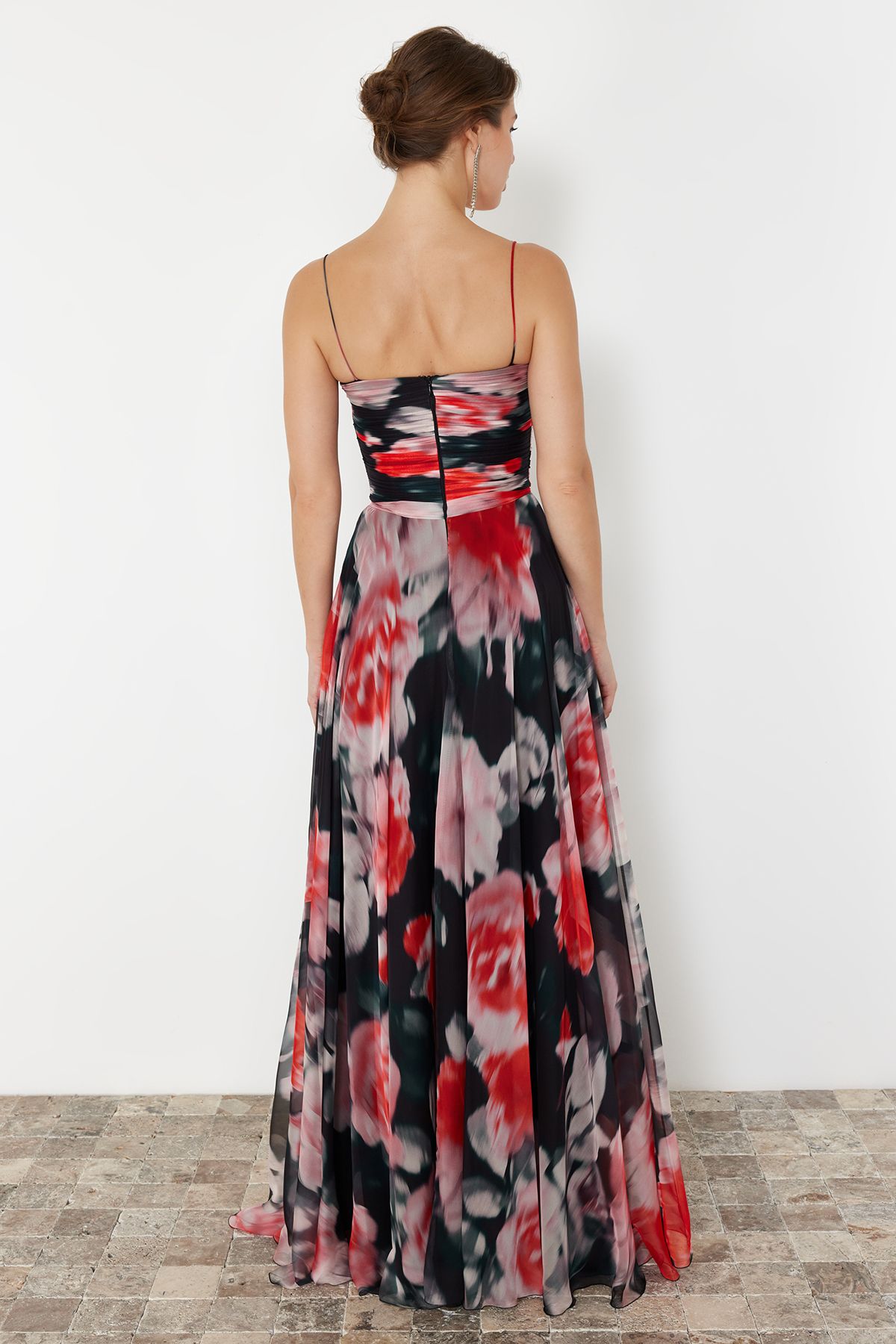 Trendyol Collection Fuchsia Colored Flower Patterned Long Evening Dress TPRSS24AE00241 Trendyol