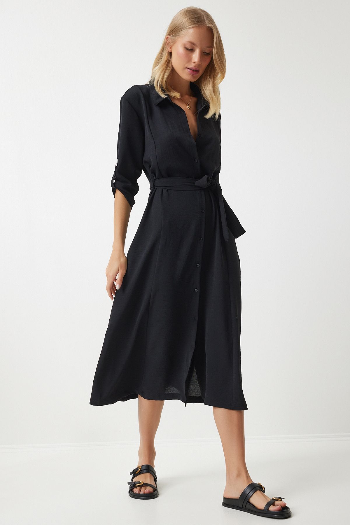 Happiness İstanbul-Schwarzes Damen-Hemdkleid mit Gürtel DD01256 4