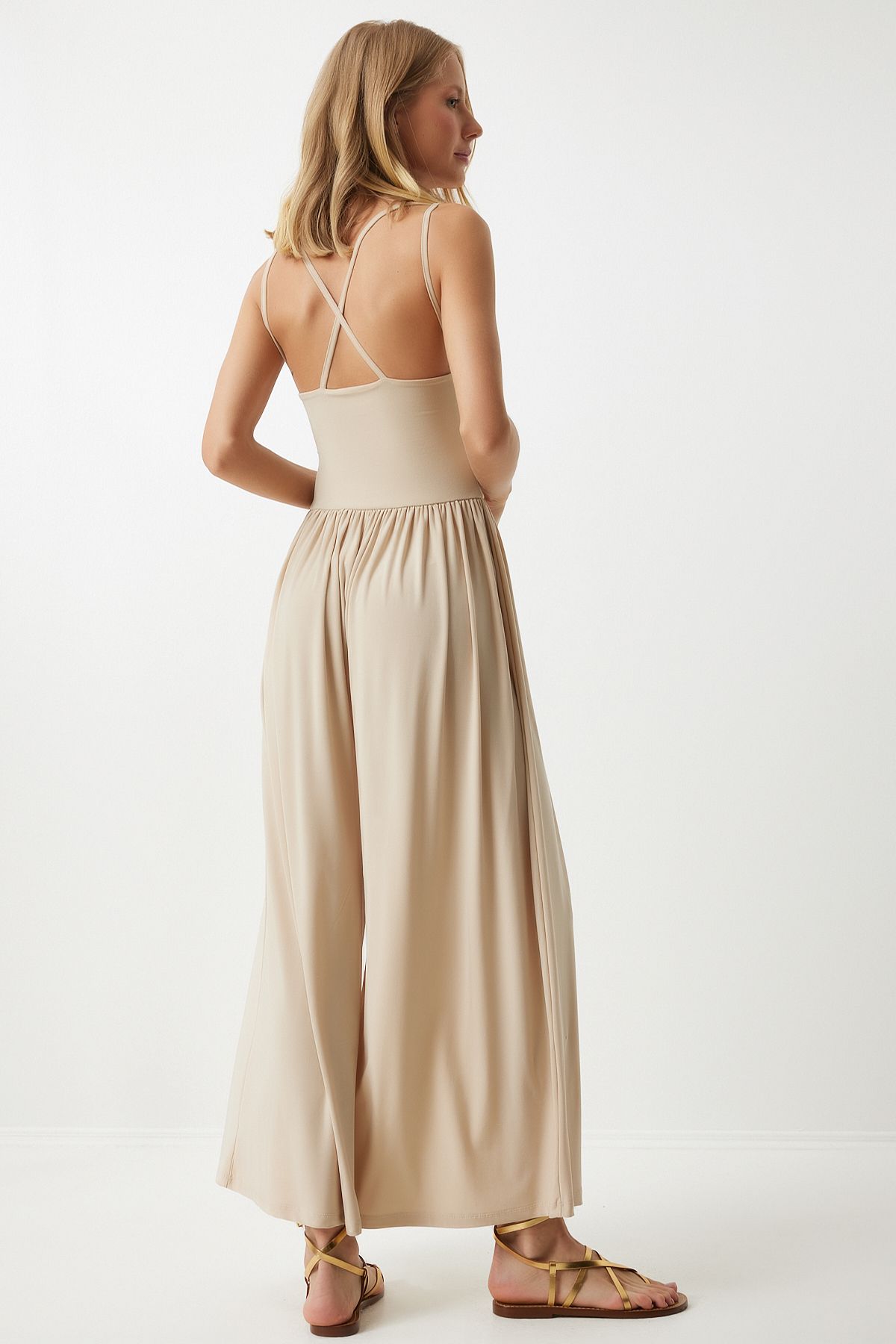 Happiness İstanbul-Cream Colored Strappy Wide Leg Summer Jumpsuit - DD01328 6