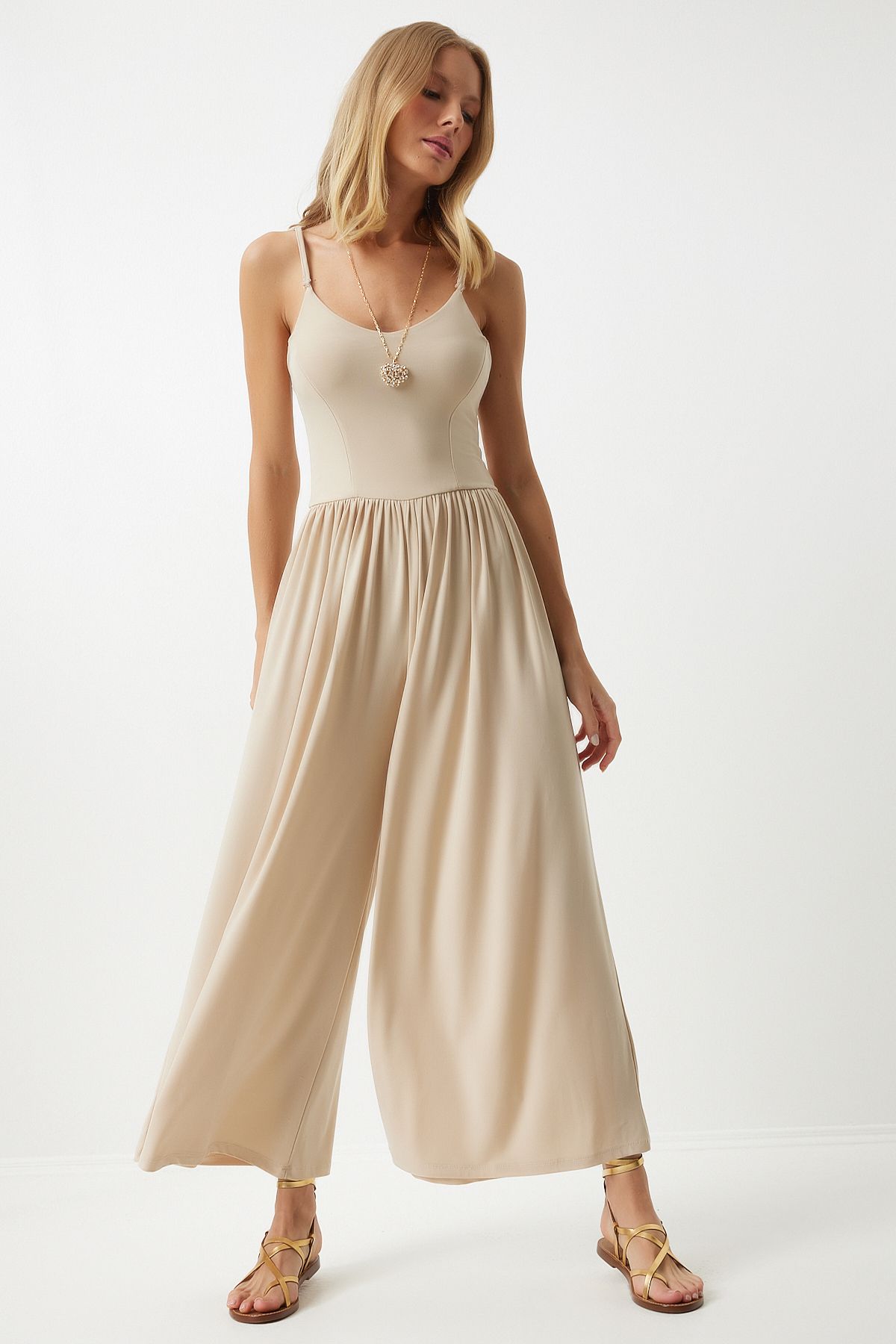 Happiness İstanbul-Cream Colored Strappy Wide Leg Summer Jumpsuit - DD01328 3