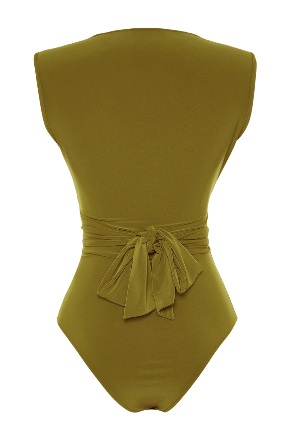 Trendyol Collection-Body tricotat extensibil cu decolteu în V cu detaliu cu cravată verde TWOSS23BD00055 8