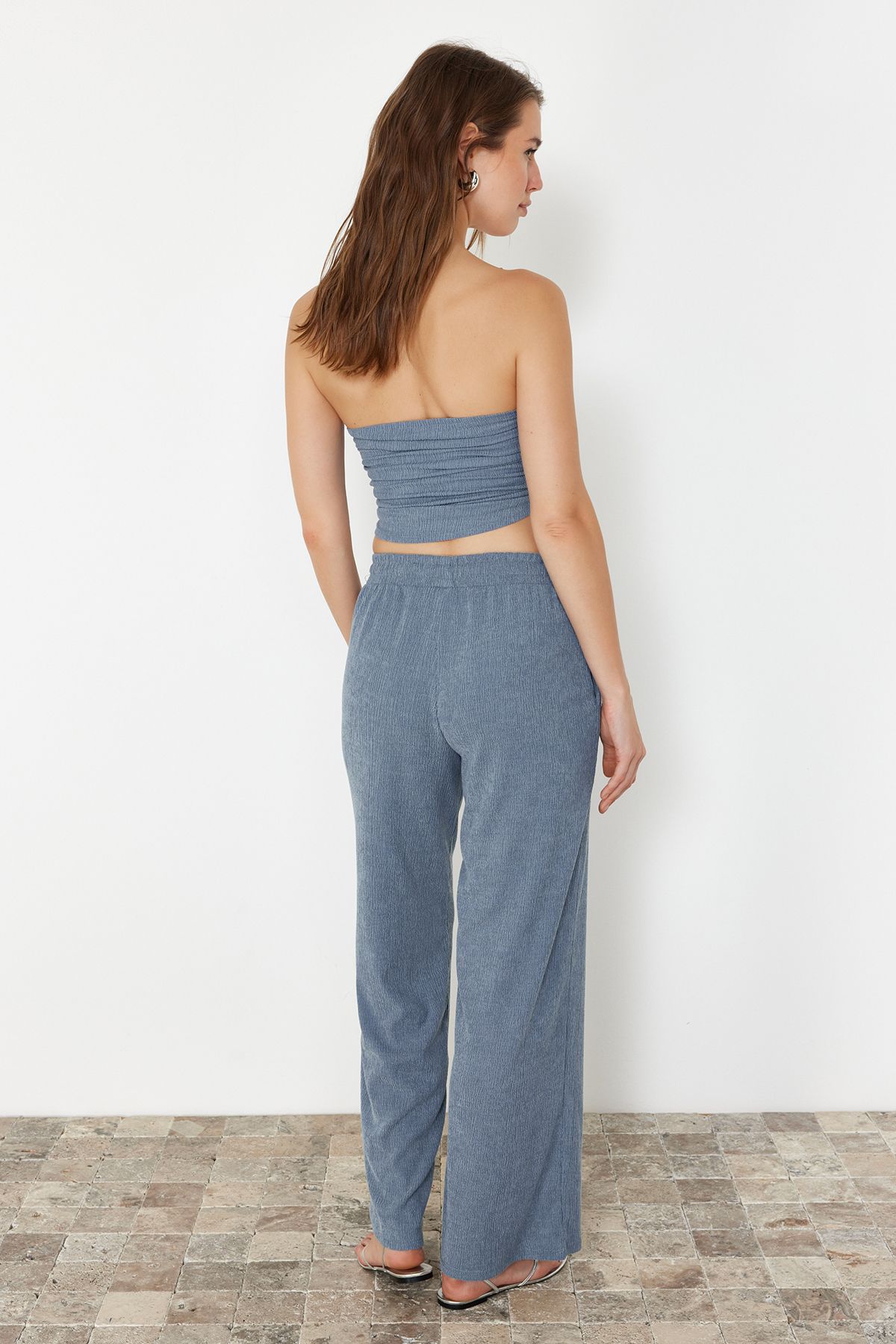 Trendyol Collection-Ευέλικτο πλεκτό παντελόνι Premium Indigo με φαρδύ πόδι TWOSS24PL00054 6