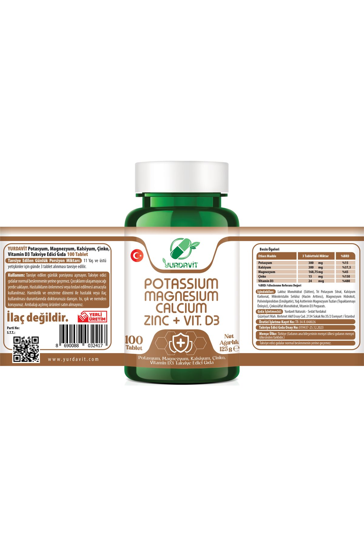 Yurdavit-100 Tablets Calcium, Magnesium, Potassium, Kalium Zinc and Vitamin D3 Suplement 2