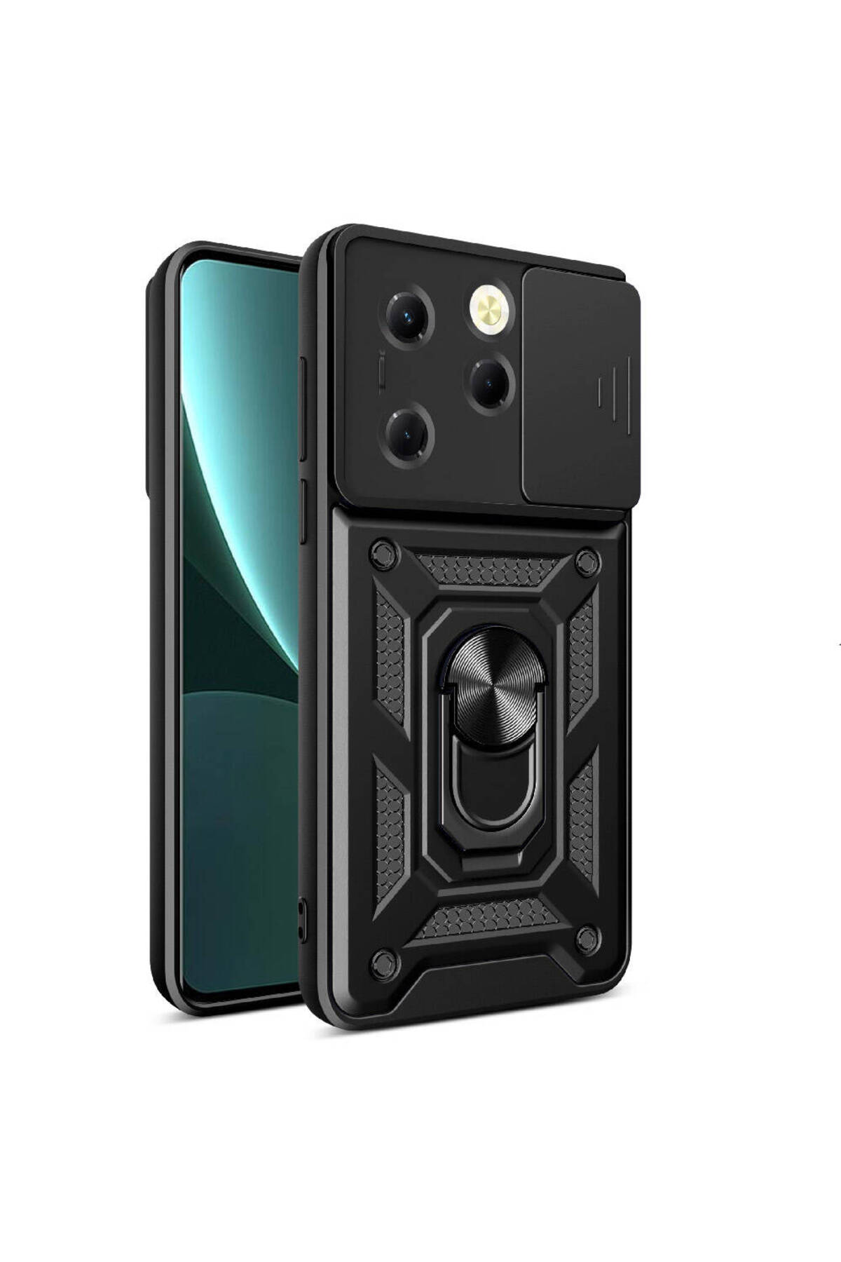 Tecno Spark 20 Pro 5G Kapak Lens Sürgülü Kamera Korumalı Yüzüklü Stantlı Tank Kılıf - Siyah
