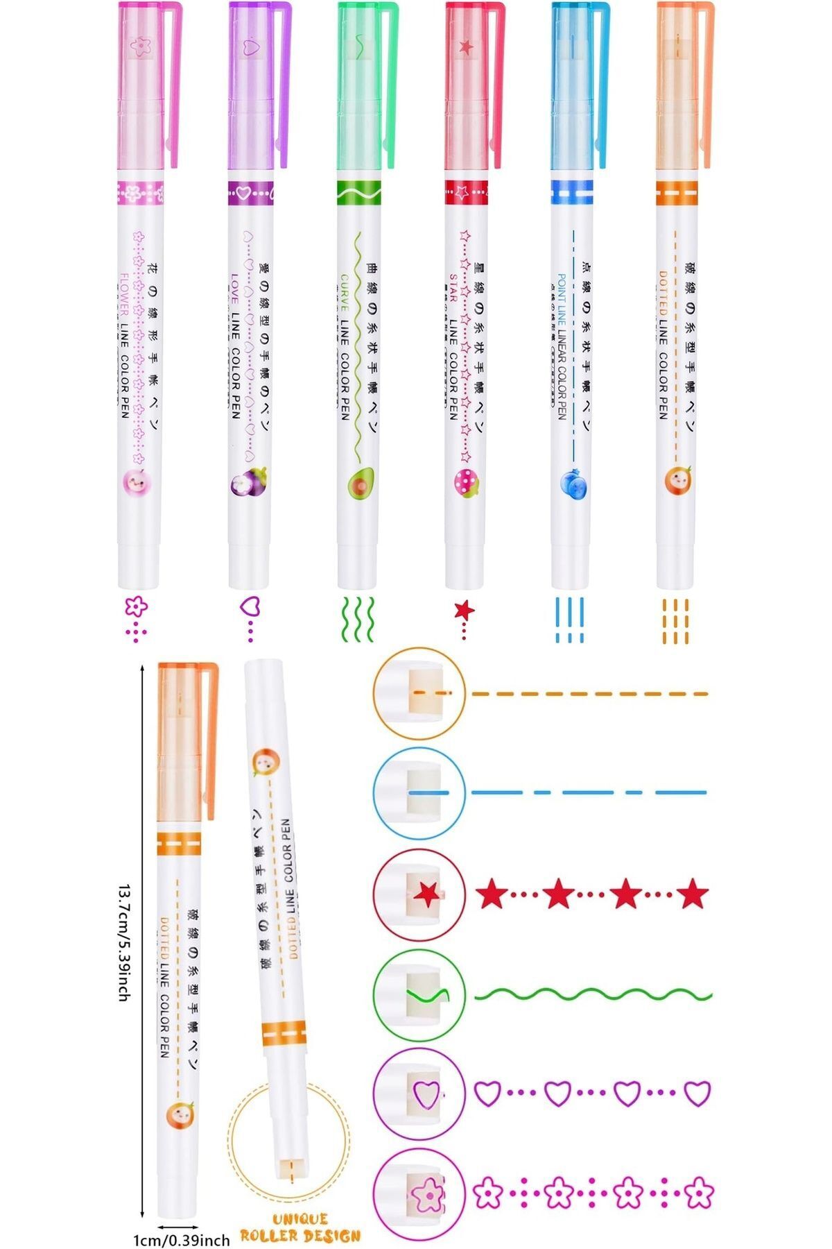 Modellino 6'lı Desenli Silindir 6 Şekil Çizim Mühür Kalemi Fosforlu Çizgi Vurgulayıcı Linear Color Pen