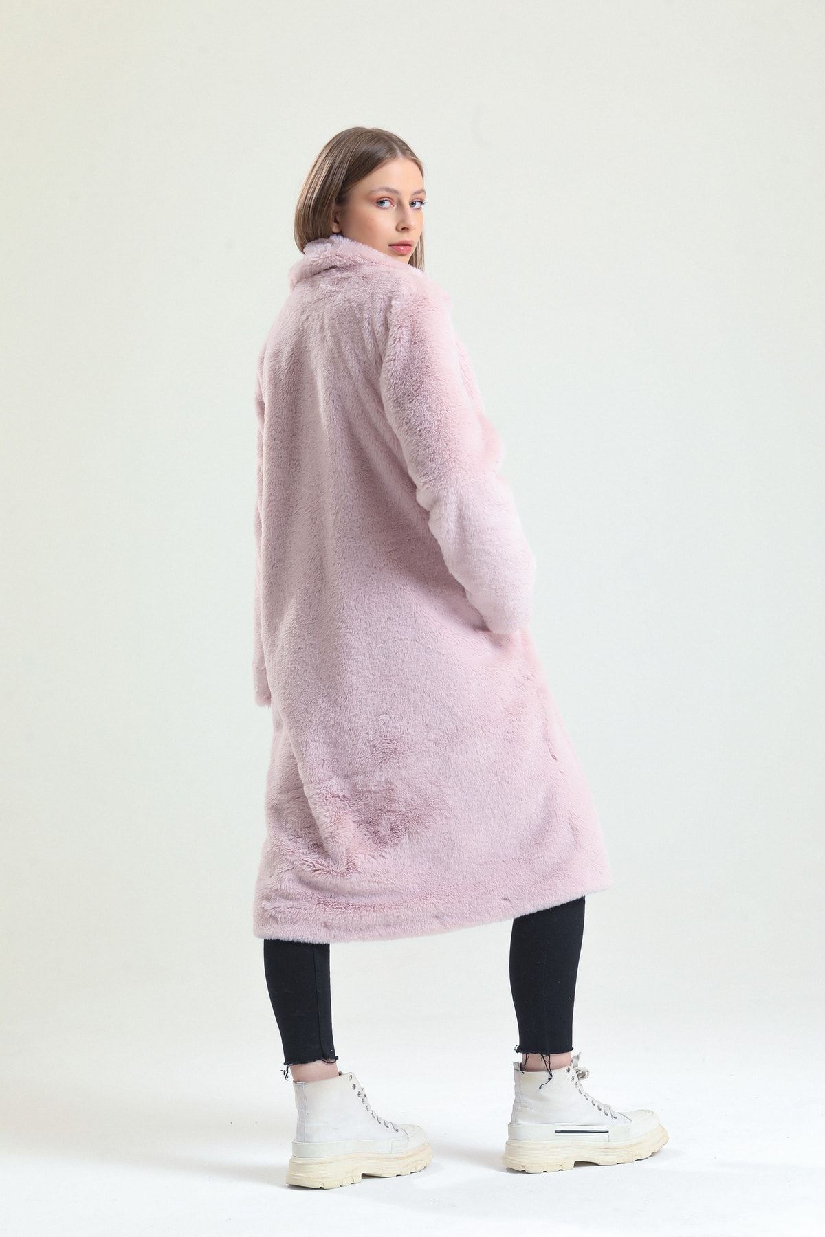 KürkZone  Kadın Gül Kurusu Ingiliz Yaka Mavi Rex Panda Kürk Peluş Manto - Görsel 6