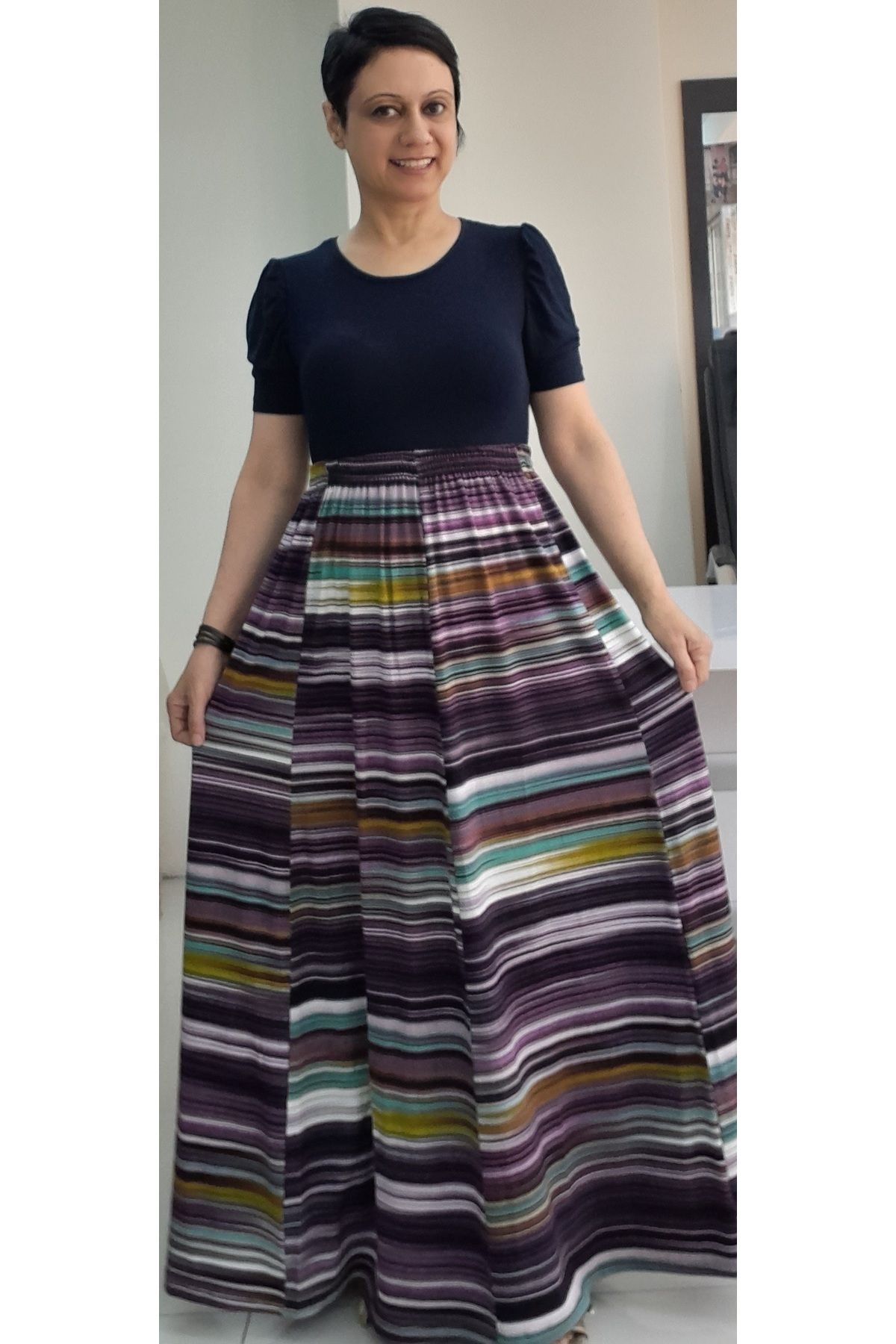 Mertcan Butik-6 Pieces Plum Patterned Viscose Skirt - Combed Cotton with Elastic Waist 3