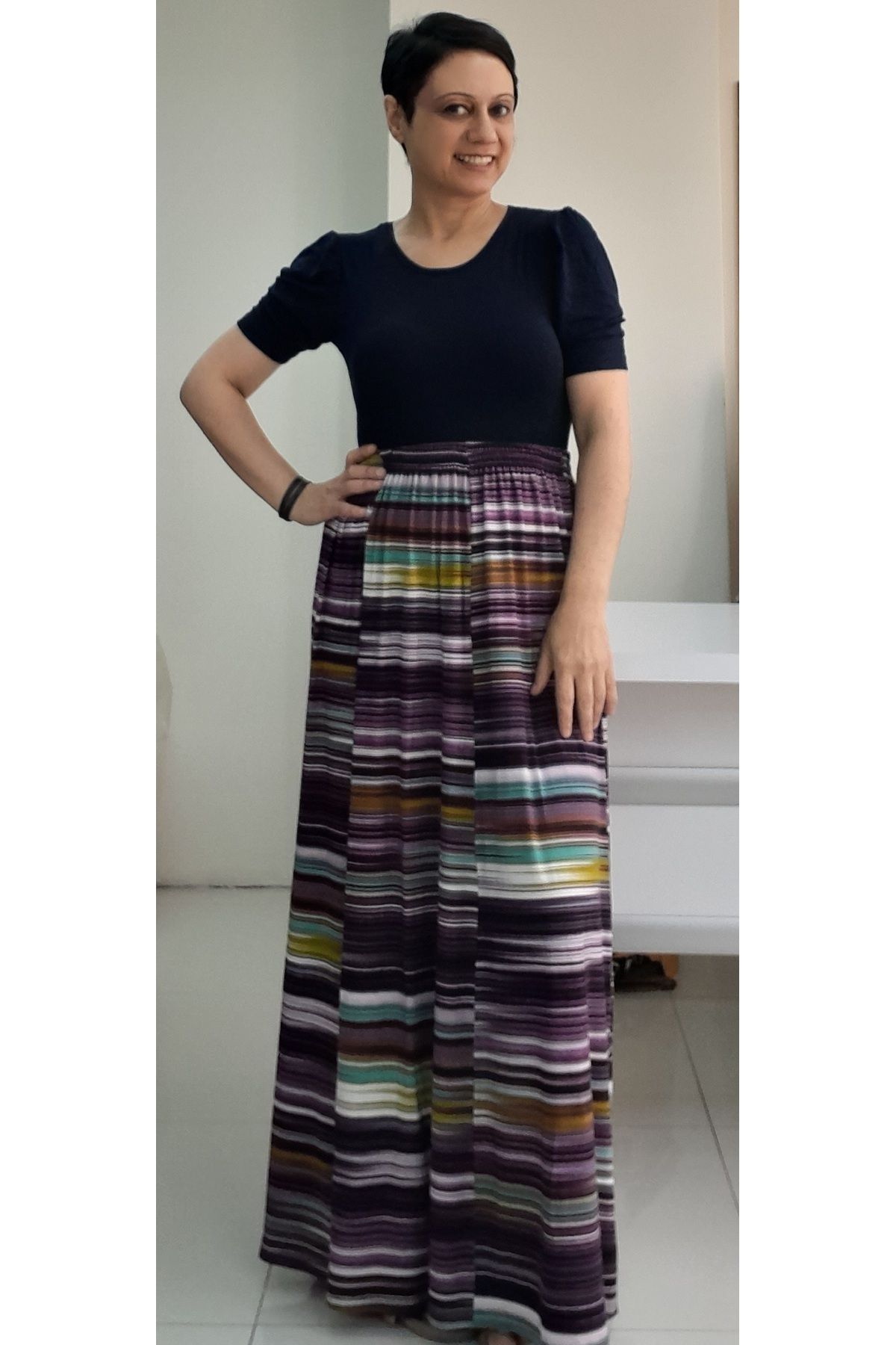 Mertcan Butik-6 Pieces Plum Patterned Viscose Skirt - Combed Cotton with Elastic Waist 5