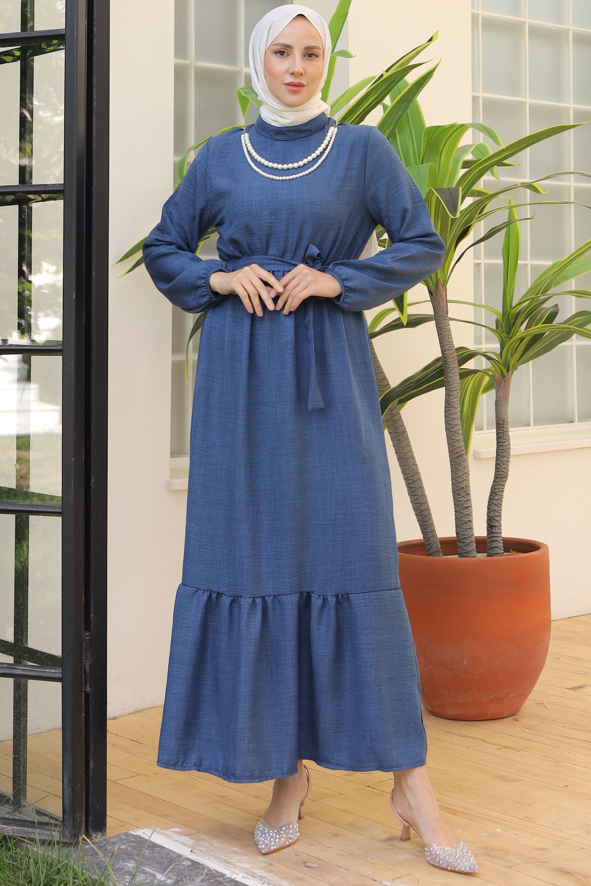 benguen-4034 Rochie din in indigo - Detaliu perla 1