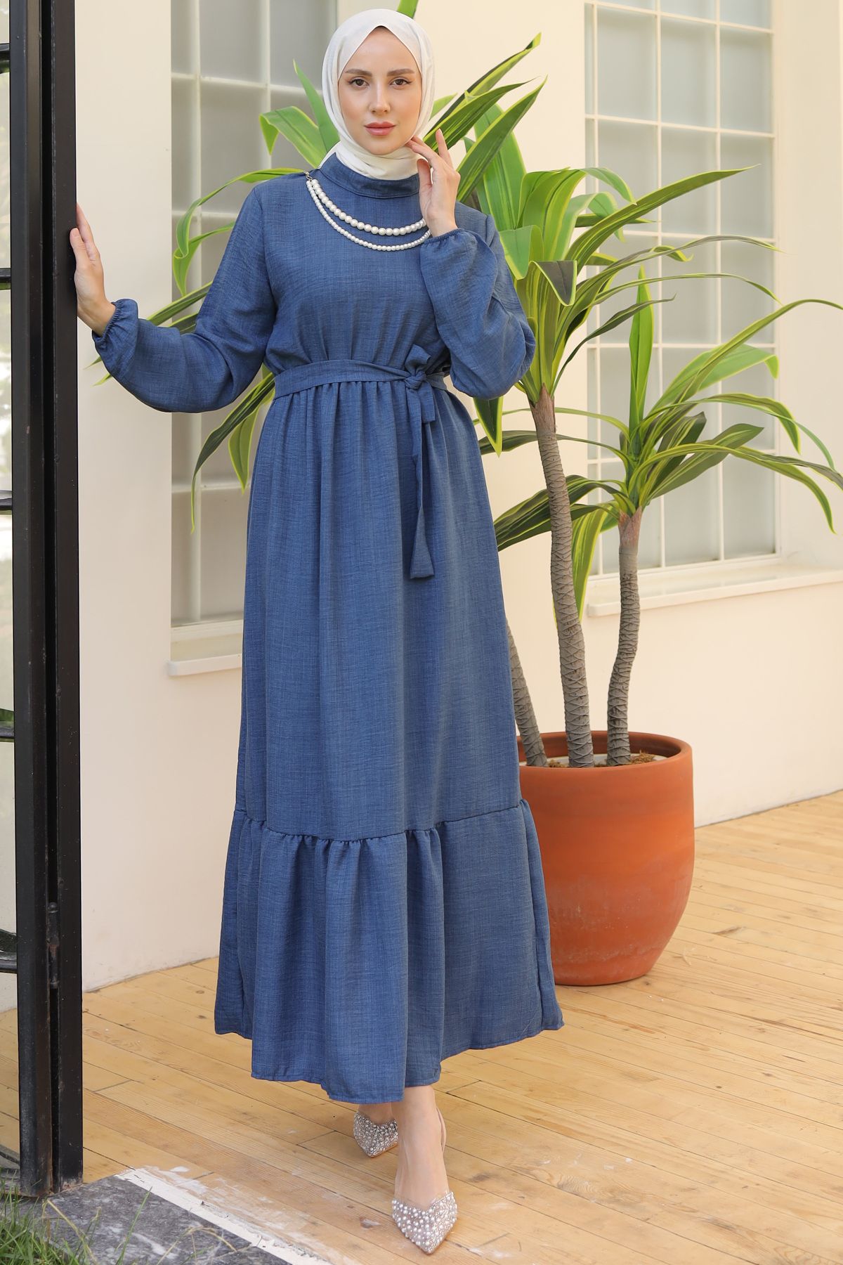 benguen-4034 Rochie din in indigo - Detaliu perla 3
