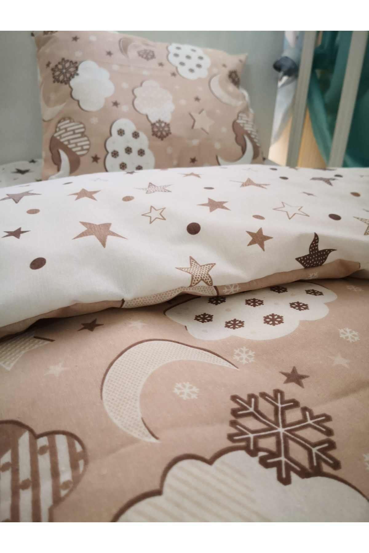 Bebek Özel Pamuklu Çocuk 90x190 Montessori Yastık Çarşaf Yorgan Seti Kahverengi Ay Yıldızlı (Yorganlı) fotoğrafı 3 (önizleme)