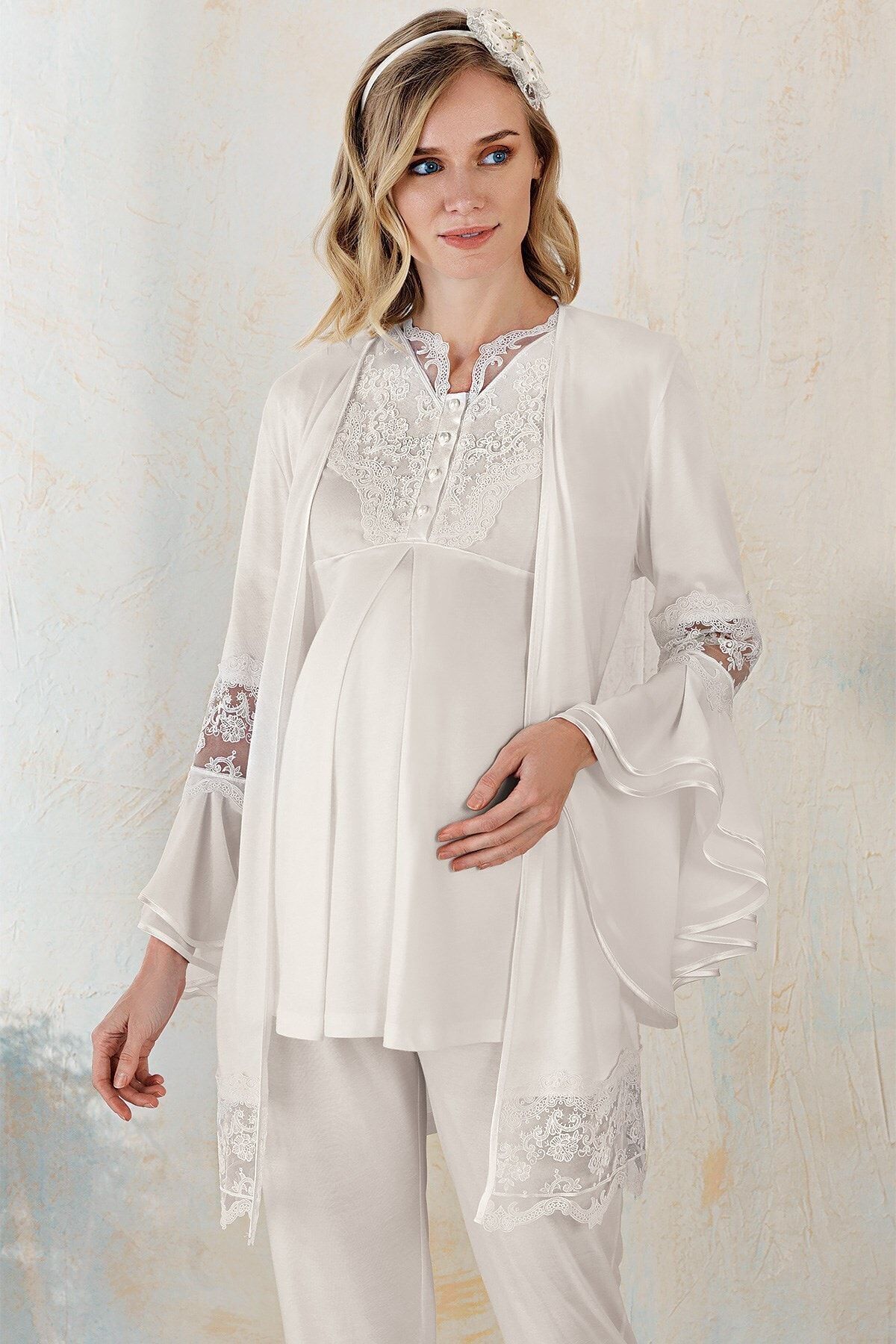 Fantasy 1115 Irene Ekru Sabahlıklı Lohusa Pijama Takımı Kadın Giyim