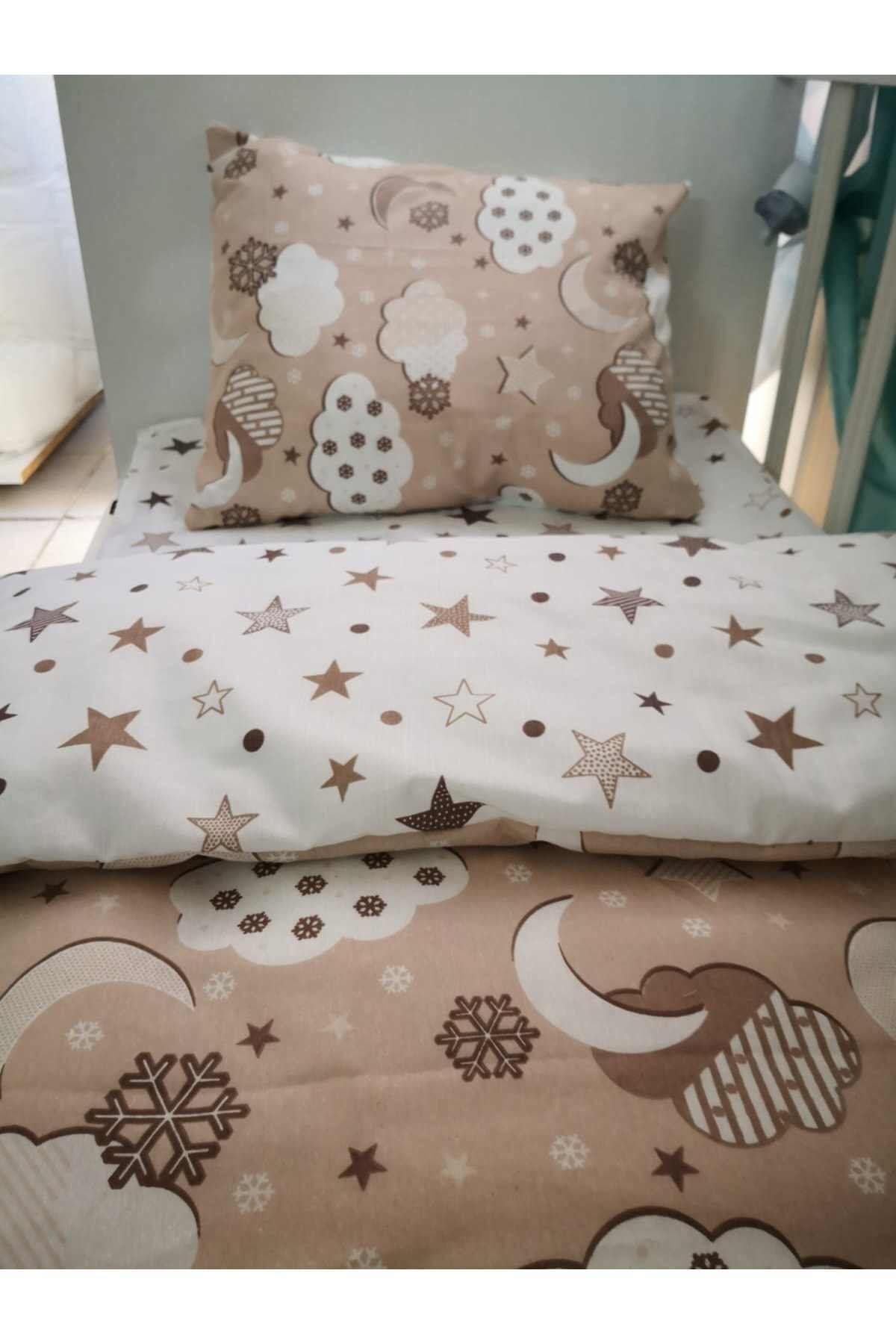 Bebek Özel Pamuklu Çocuk 90x190 Montessori Yastık Çarşaf Yorgan Seti Kahverengi Ay Yıldızlı (Yorganlı) fotoğrafı 2 (önizleme)