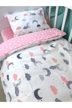 Bebek Özel Çocuk Nevresim Takımı 90x190 Yatak Için Pembe Gri Ay Bulut (yorgan...