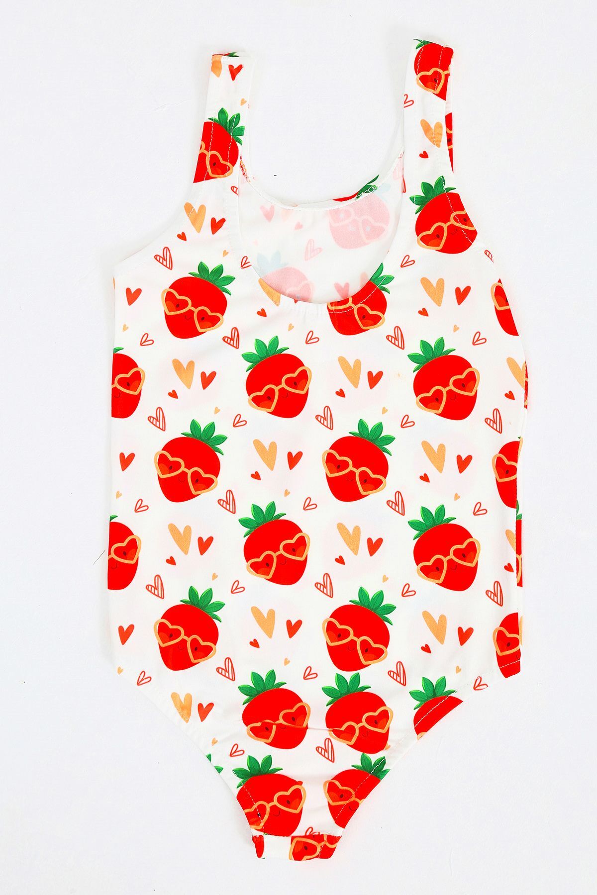 Papiş Kız Çocuk Mayo Kırmızı Kalpli Çilek Meyve Desenli Rahat Hızlı Kuruyan Mayo Deniz Havuz Plaj Mayosu fotoğrafı 2 (önizleme)