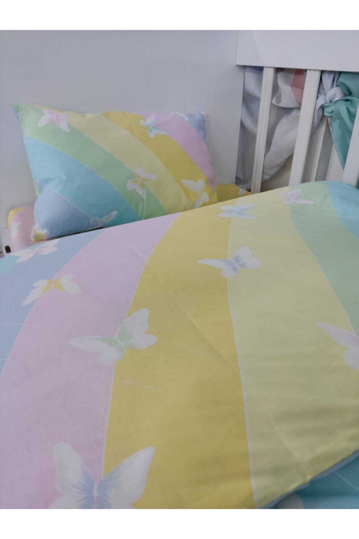 Bebek Özel Pamuklu Bebek Çocuk 100x150 Yastık Çarşaf Yorgan Seti Gökkuşağı Kelebekli (Yorganlı) fotoğrafı 2 (önizleme)