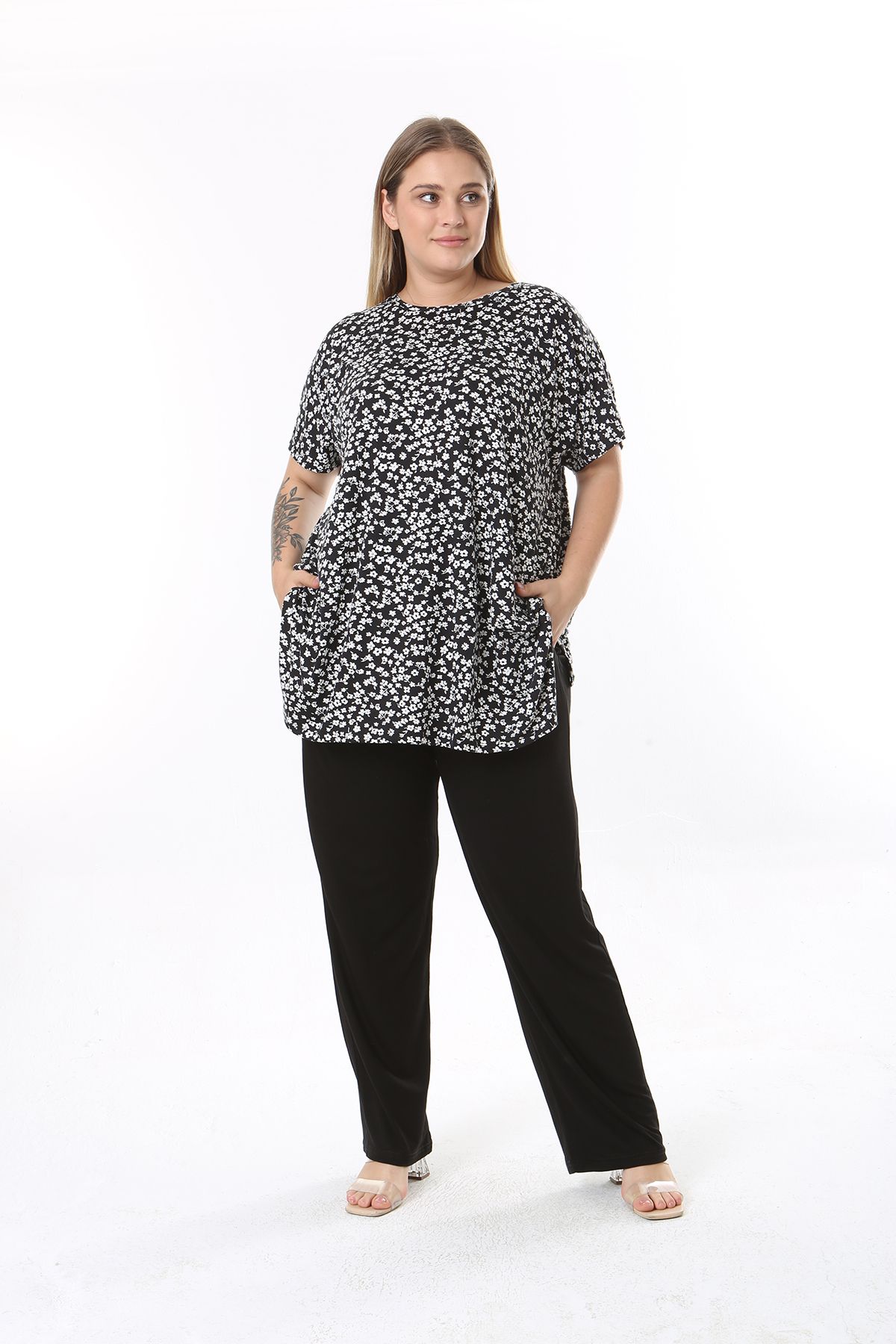 XL Modam Set De Pantaloni Și Tunică Din Lycra Cu Imprimeu Floral De Mărime Mare Femeie - 56–58