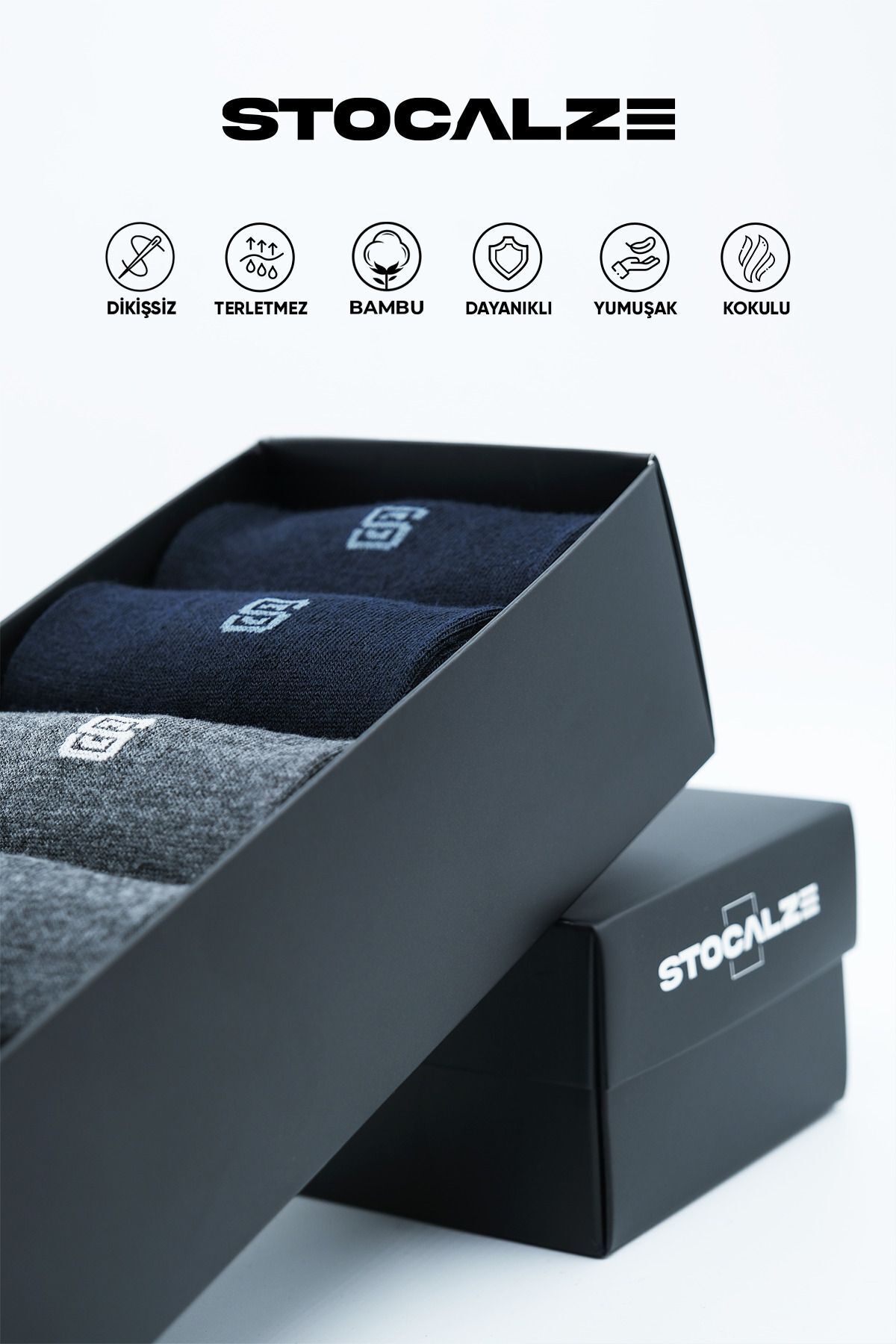 STOCALZE  Bambu Erkek Uzun Konç Logo Desenli 6'lı Çorap. Dikişsiz ve Terletmeyen Erkek Soket Çorap - Görsel 4