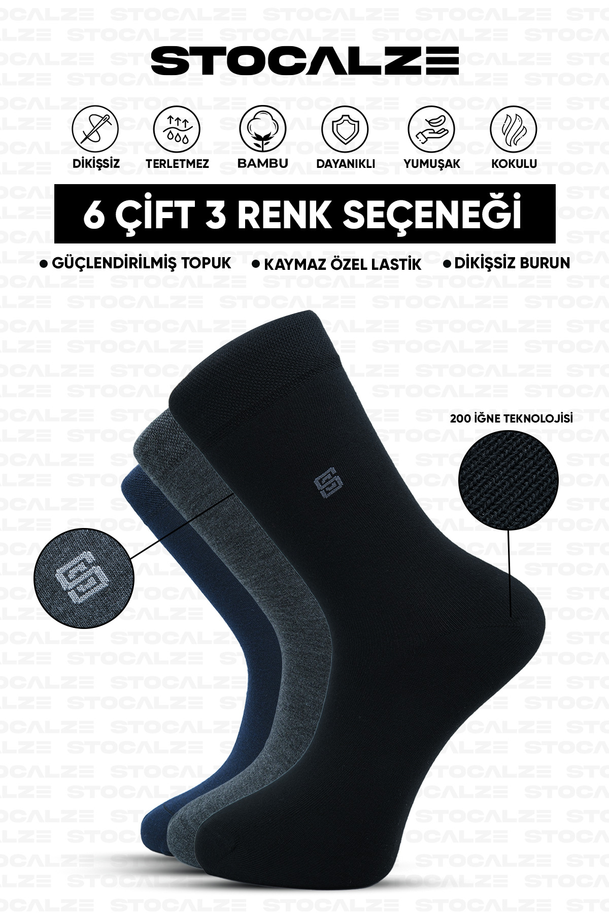 STOCALZE  Bambu Erkek Uzun Konç Logo Desenli 6'lı Çorap. Dikişsiz ve Terletmeyen Erkek Soket Çorap - Görsel 3