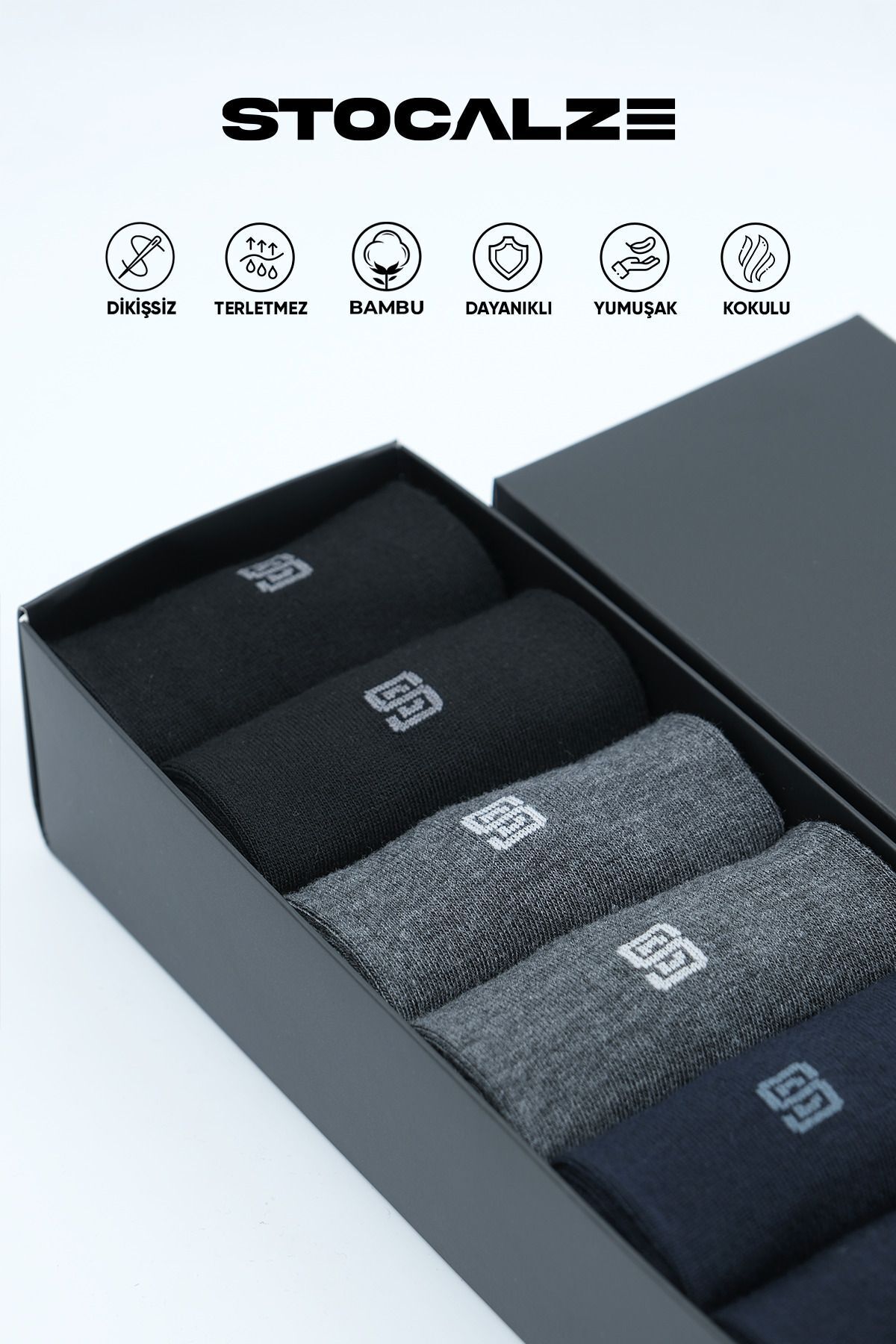 STOCALZE  Bambu Erkek Uzun Konç Logo Desenli 6'lı Çorap. Dikişsiz ve Terletmeyen Erkek Soket Çorap - Görsel 8