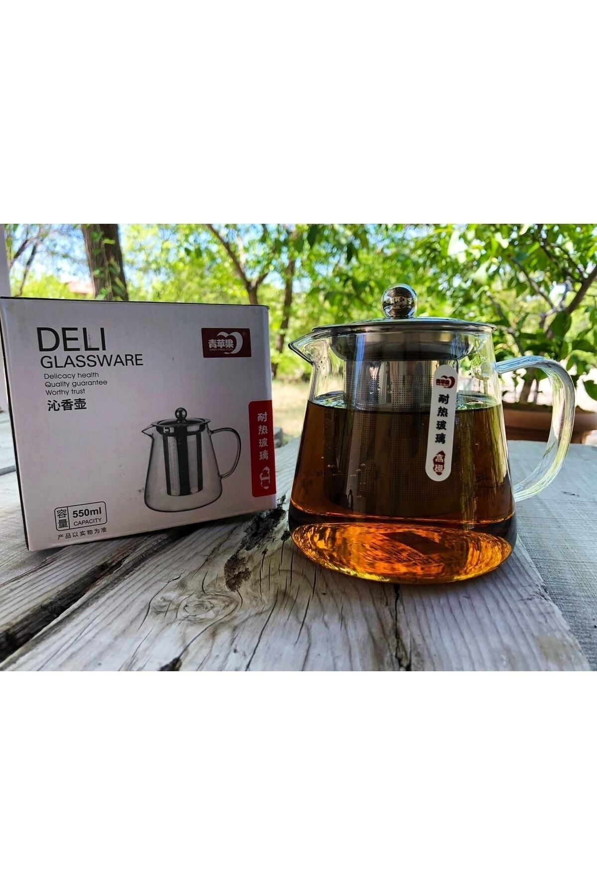 DİBA AVM Borosilikat Cam Çelik Süzgeçli Ve Kapaklı Oval Tasarım Lüks Çay & Kahve Demliği Cam Demlik 550 ML